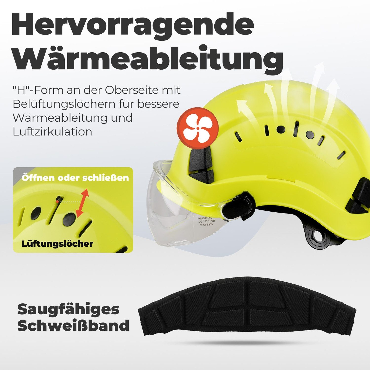 Mustbau Schutzhelm EN397 Schutzhelme mit Schweißband und Visier, 53 bis 63cm Verstellbarer Kopfumfang, strapazierfähiges ABS-Material – Bild 3 von 5