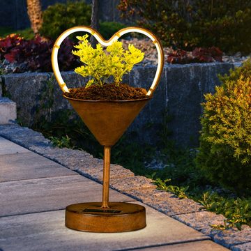 Haushalt International LED Außen-Tischleuchte, LED-Leuchtmittel fest verbaut, Warmweiß, Solar Tischlampe Außenleuchte Blumentopf RostHerzform LED Gartendeko
