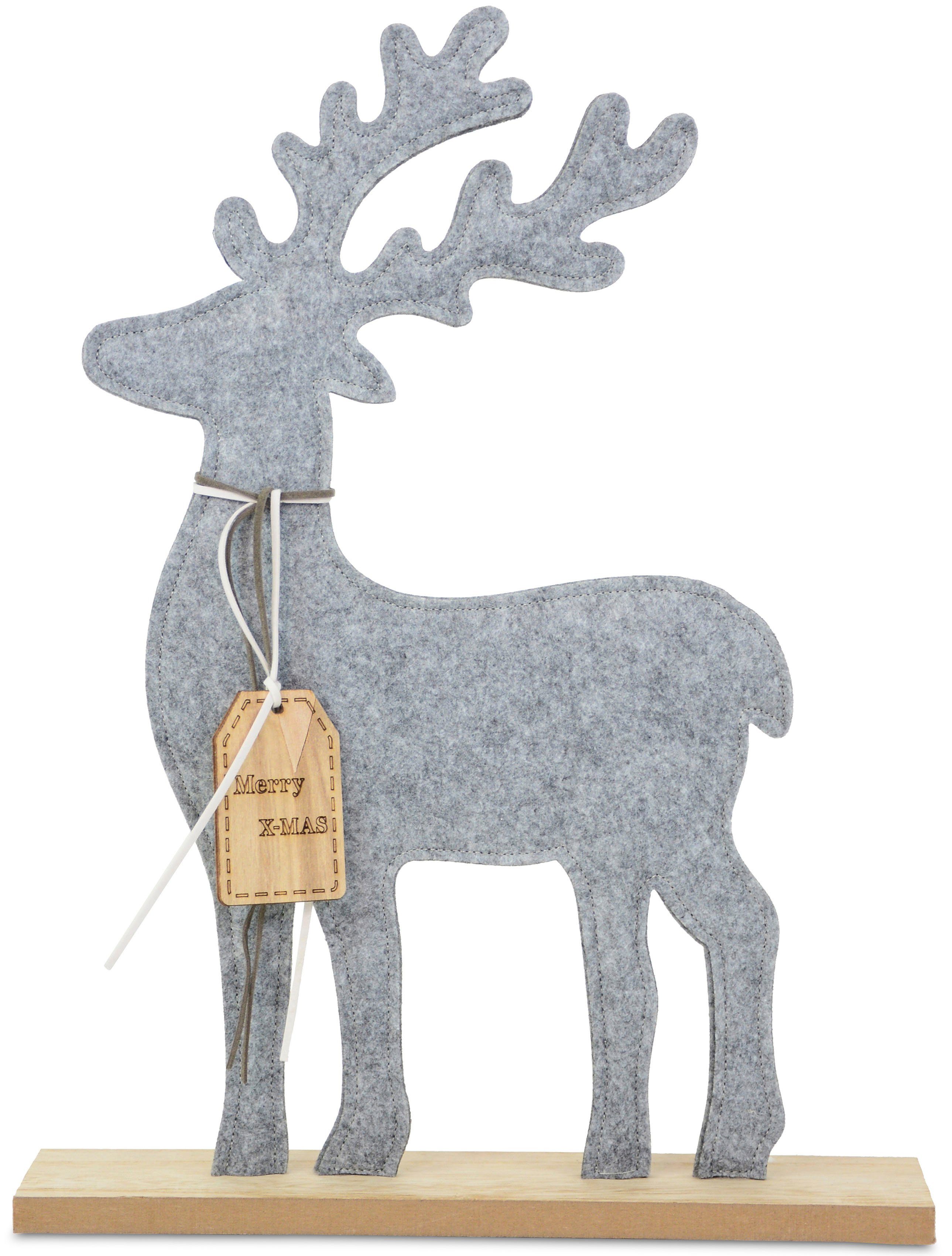 & RIFFELMACHER 40,5 Höhe aus mit Filz, grau Weihnachtsdeko, Hirsch, Holzsockel cm WEINBERGER Weihnachtsfigur Deko-Figur XMAS-Anhänger, - auf XMAS