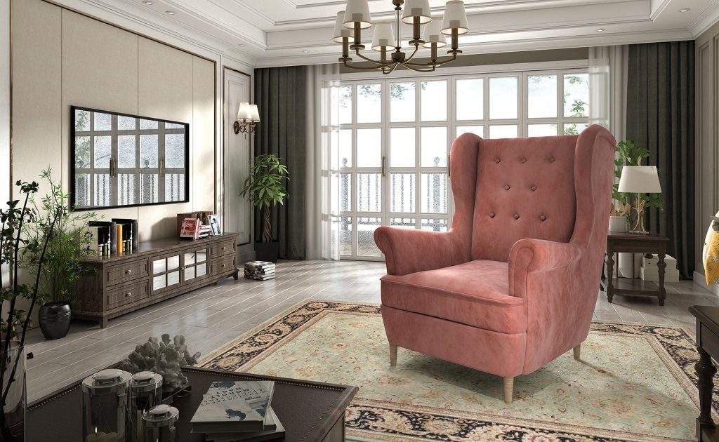 JVmoebel Sessel, Lounge Sessel Sitz Polster Stuhl Fernseh Möbel Designer Ohren Club Neu Sofa Samt Rosa