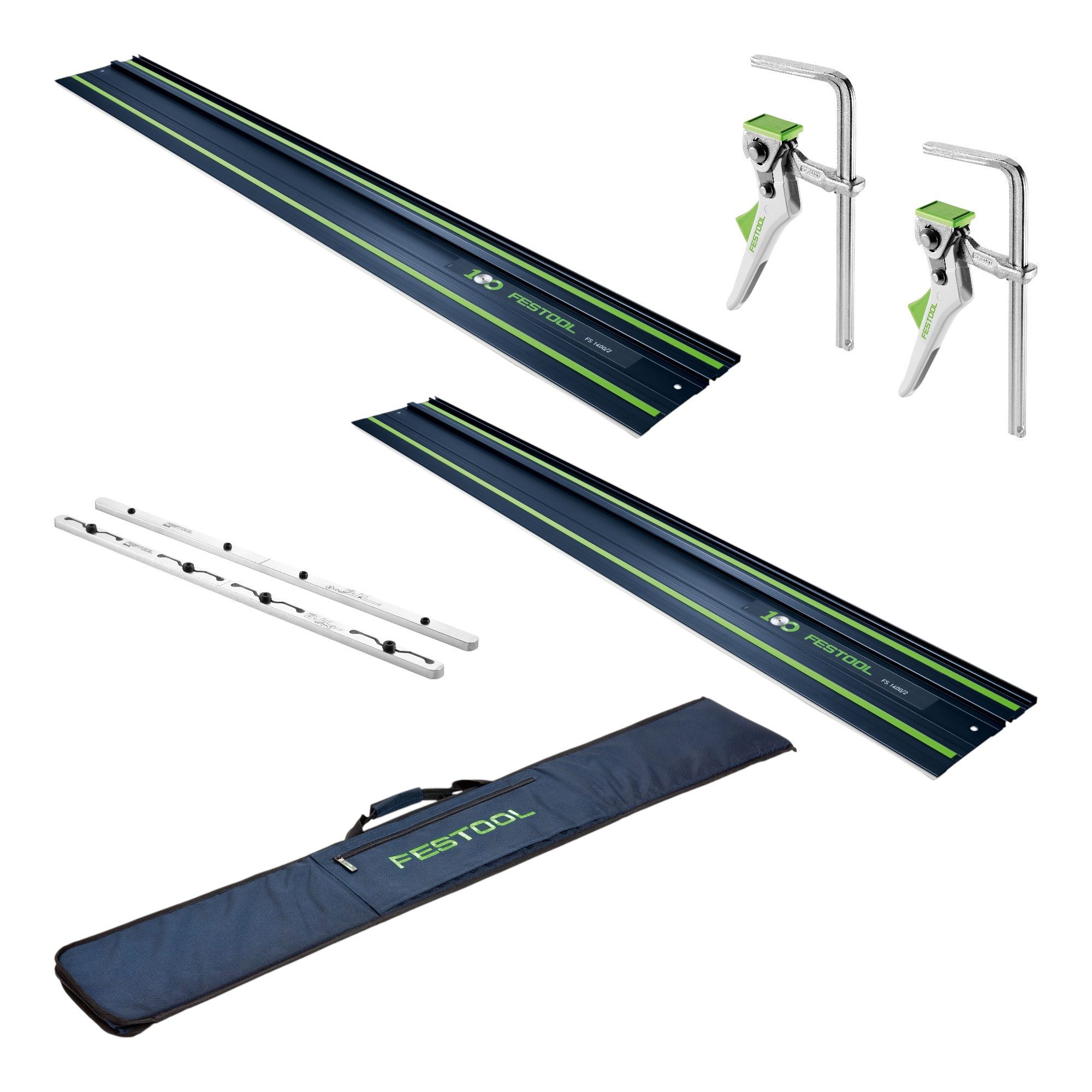 FESTOOL Maschinen-Führungsschienen 2x FS 1400/2 BL 1400 mm Blau + Verbindungsstück + Hebelzwinge + Tasche