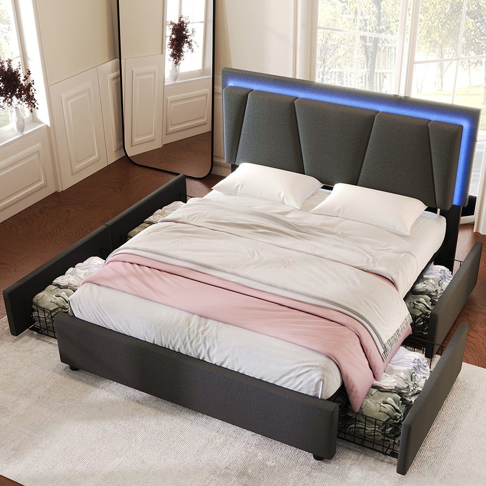 Polsterbett (Stauraumbett, Höhenverstellbares Kopfteil), Doppelbett 140x200cm mit LED-Beleuchtung und 4 Schubladen