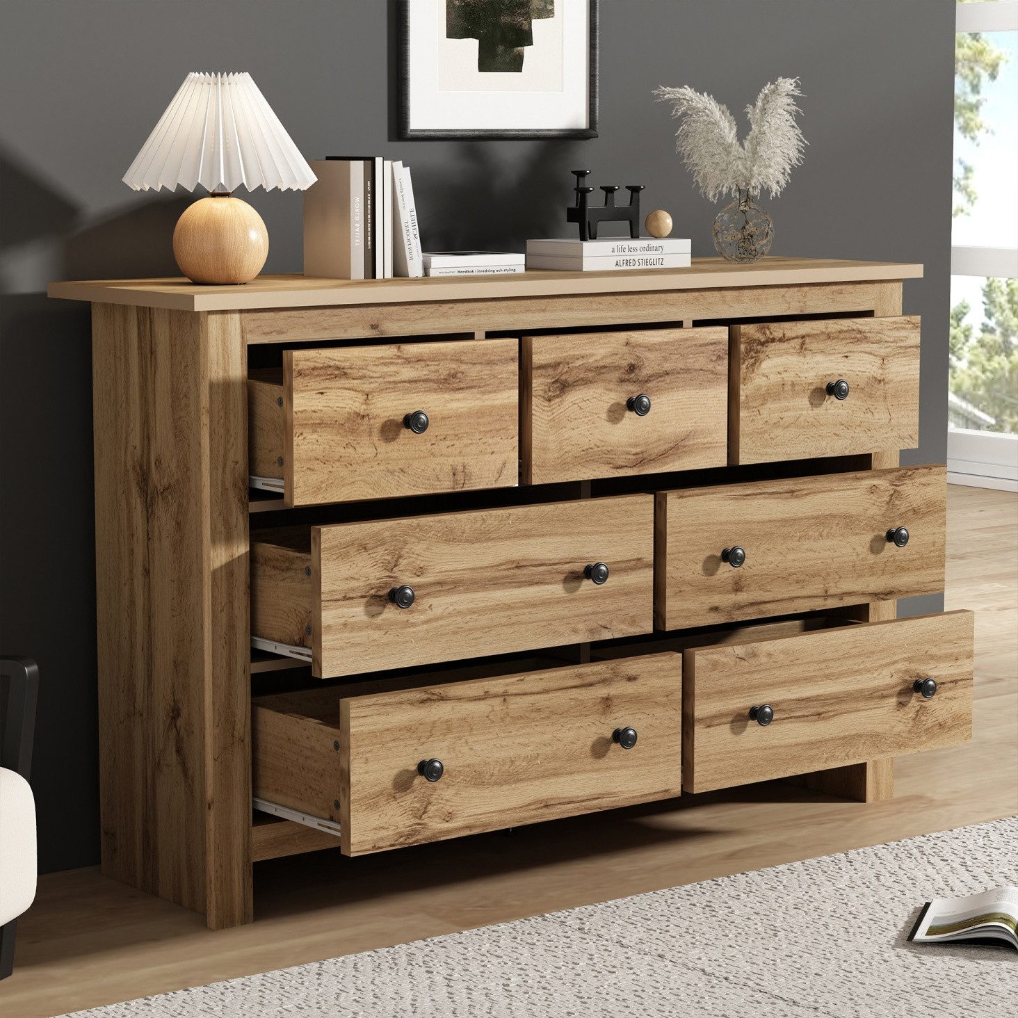 IDEASY Sideboard Esszimmerschrank Buffet mit 7 Schubladen & großem Stauraum (vielseitig in Eingangsbereich, Wohnzimmer einsetzbar), Minimalistisches Design mit großer Stauraumkapazität