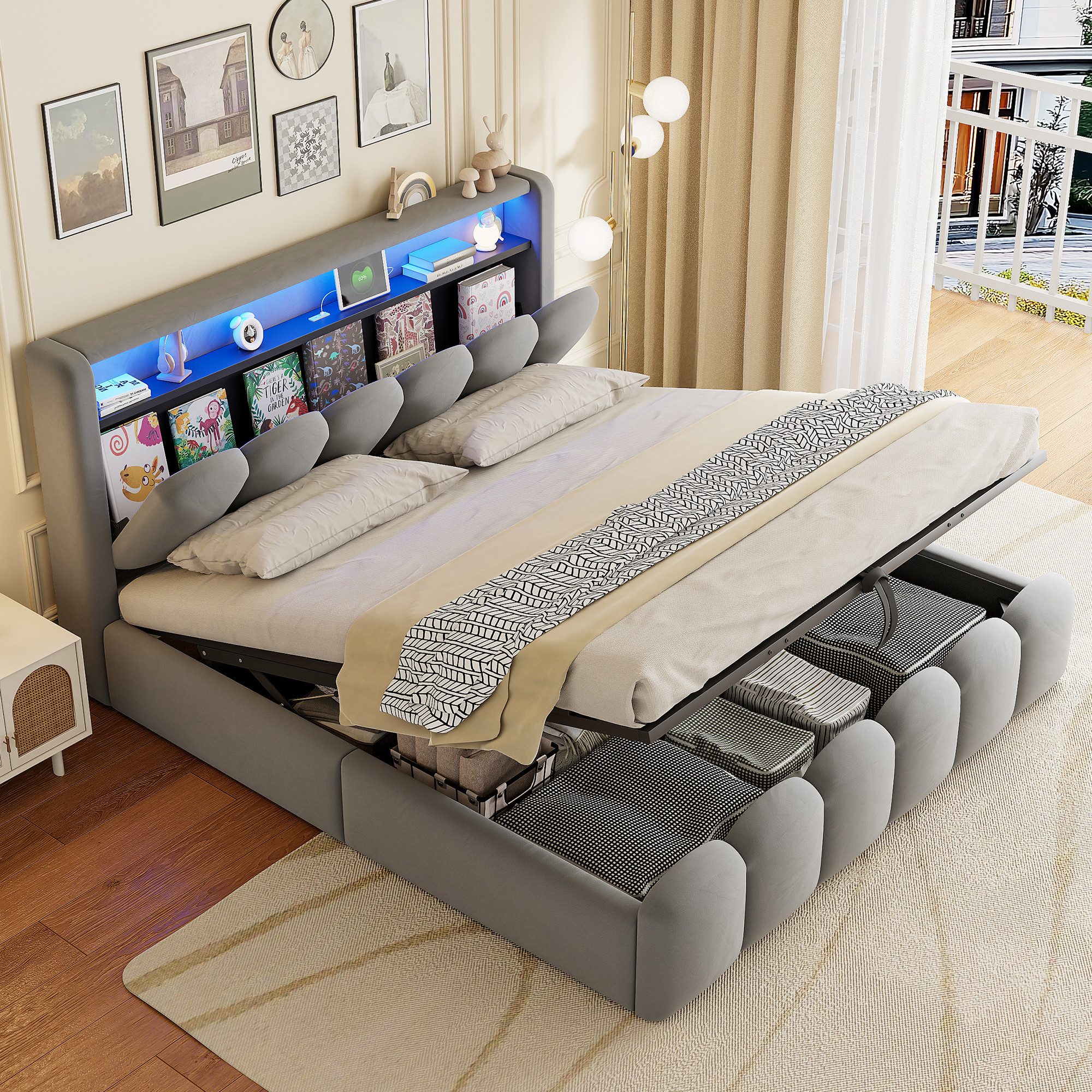 Celya Polsterbett 180x200 cm mit hydraulischer Stauraum (ohne Matratze, mit LED, mit USB- und Typ-C-Anschlüssen), Doppelbett, Samtstoff, …