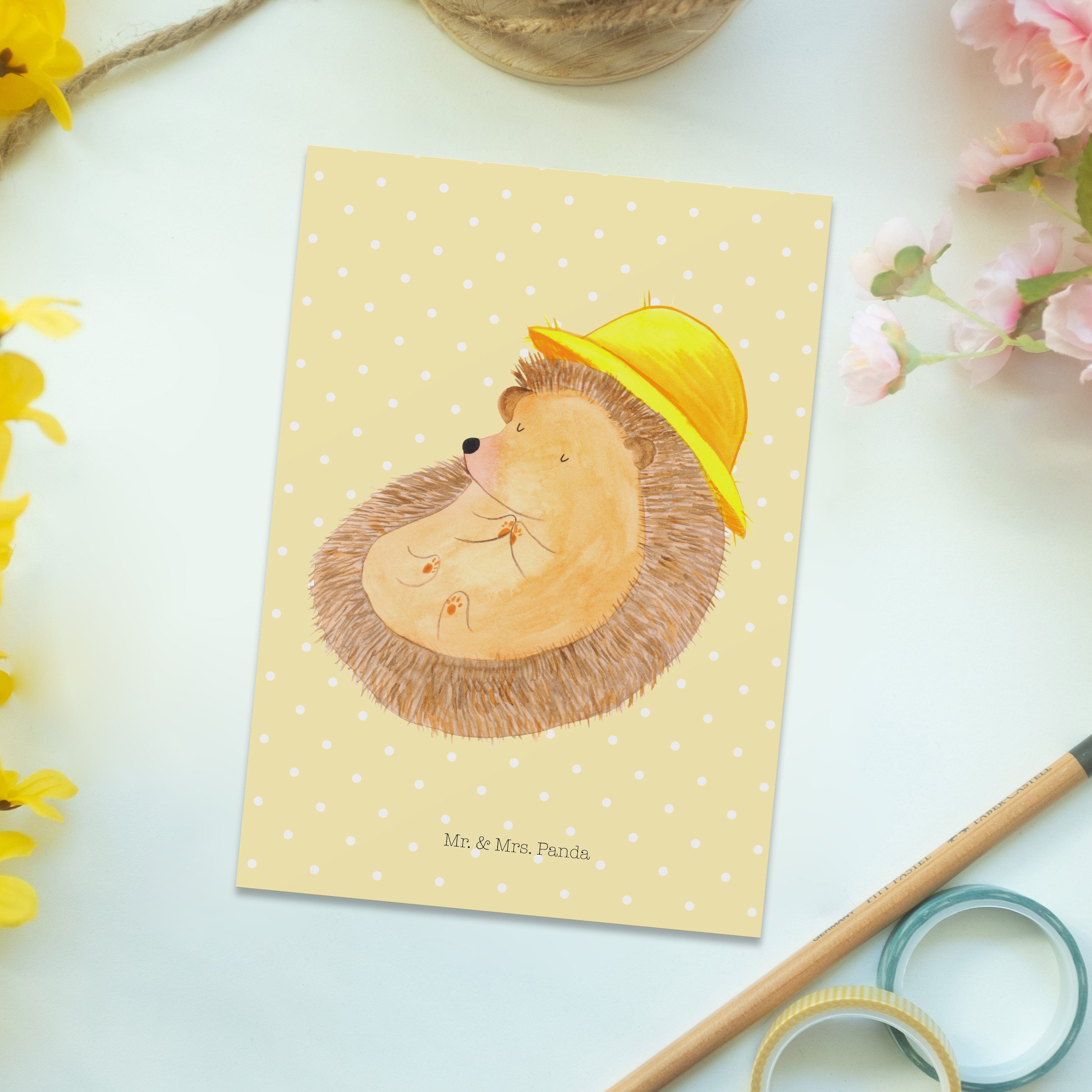 Mr. & Mrs. Panda Igel Gelb Tiere, Ansichtskarte Pastell - Postkarte - Geschenk, betet Einladung