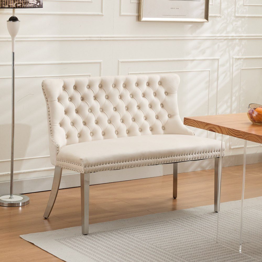 BBWL Polsterbank 2-Sitzer mit Handmade Knöpfen, Wing Back, Samtpolsterung, Velvet Double Dining Loveseat Bank für Küche & Esszimmer, Mid-Century