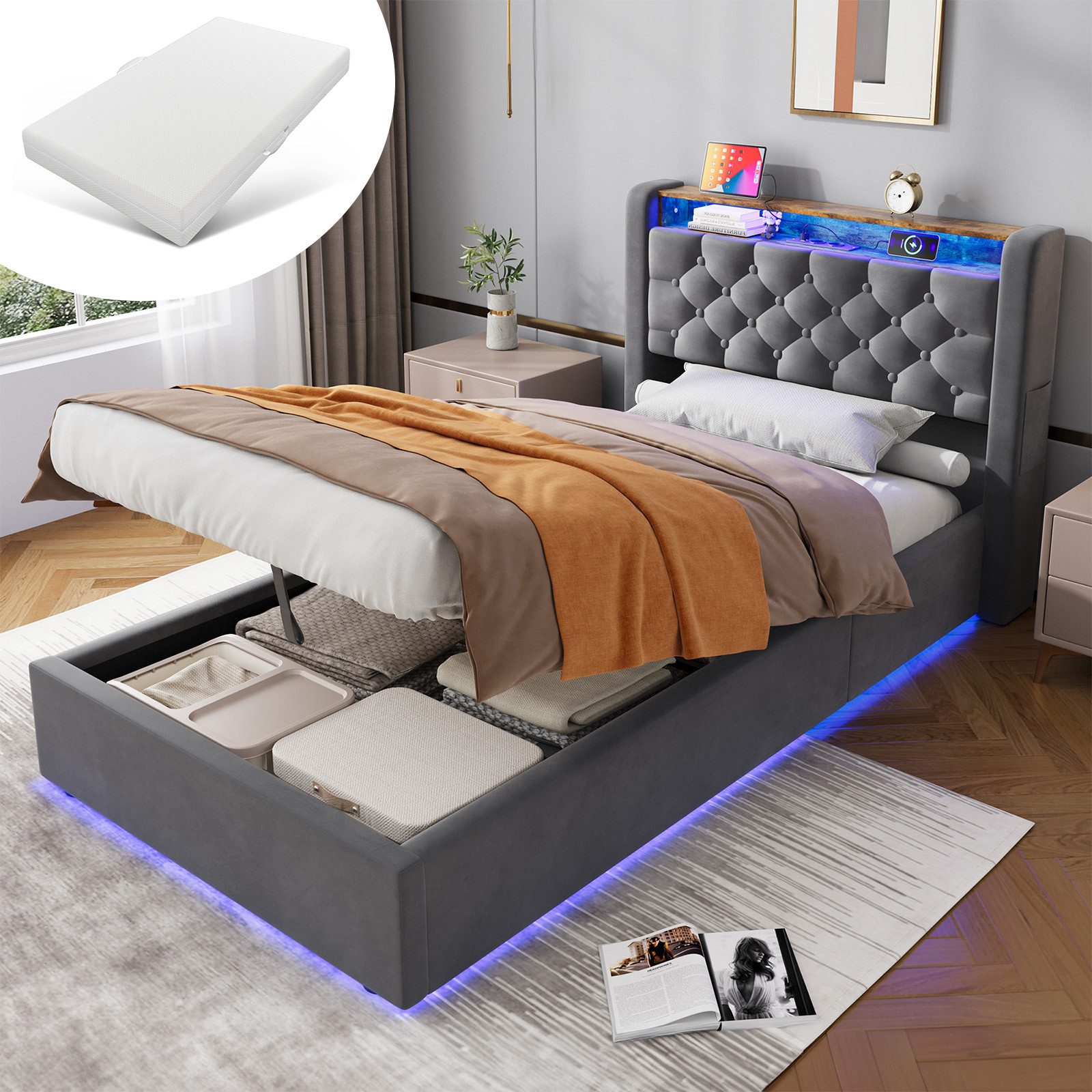 MODFU Polsterbett Mit Stauraum,LED-Beleuchtung und USB-Anschlüssen (Funktionsbett, 2-tlg., Stabiler Metallrahmen, inkl. Lattenrost, mit Matratze), 90x200 cm, Hollandvelours, Kopfteil-Ablage