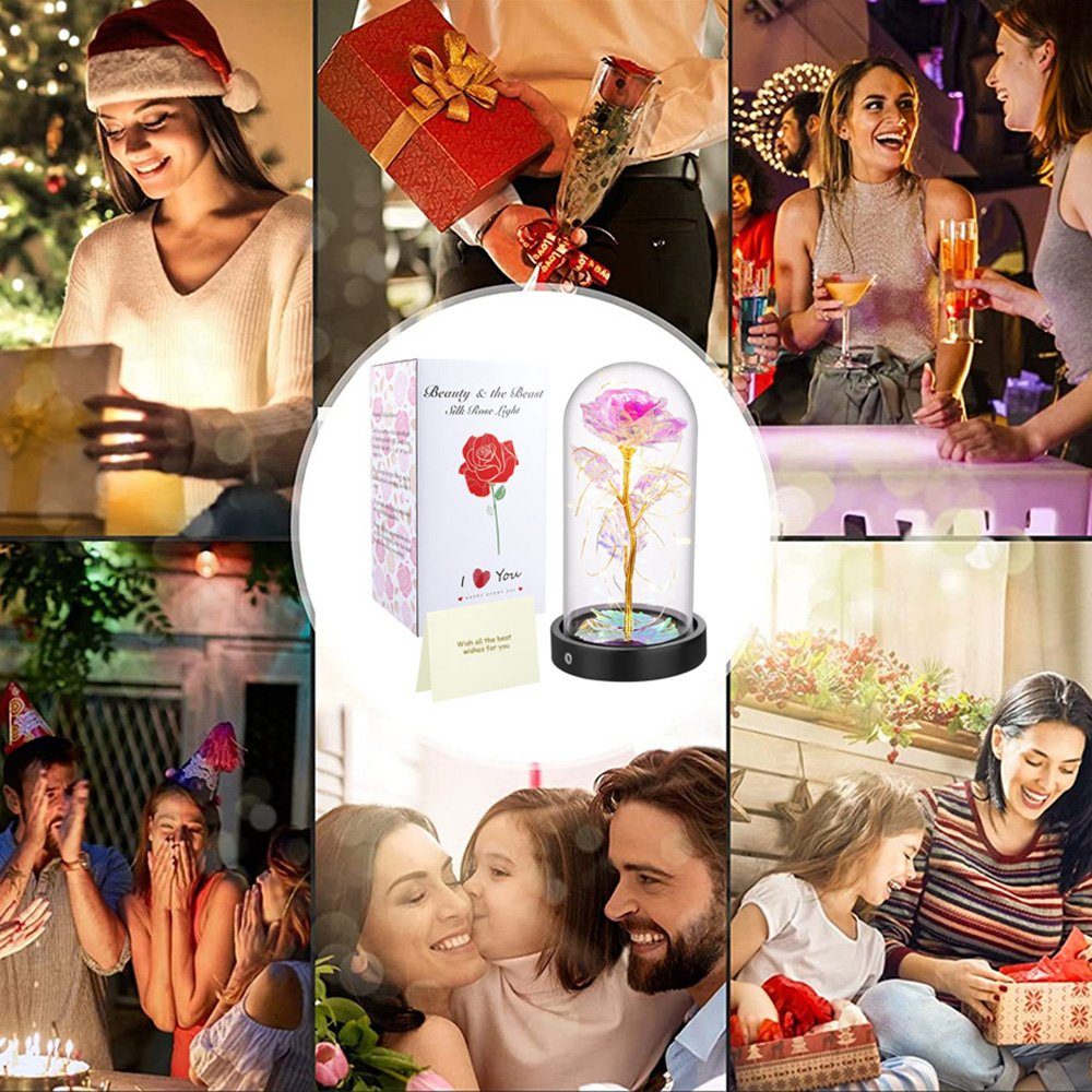 Kunstblume Rose LED Lichterketten cm, Valentinstag Jubiläum Hochzeit für Geburtstag Frauen 21 MUPOO, Höhe Rose Muttertag Glas,Kunstblume, in Bunte Kunstblumenstrauß Vergoldete Rose