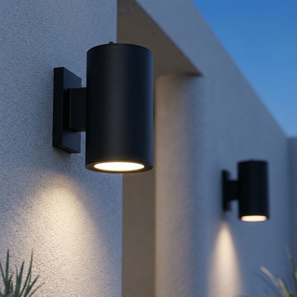 Expo Börse LED Außen-Wandleuchte, LED-Leuchtmittel fest verbaut, Warmweiß, 2x LED Solarleuchte Wandlampe Gartenleuchte Down Alu schwarz