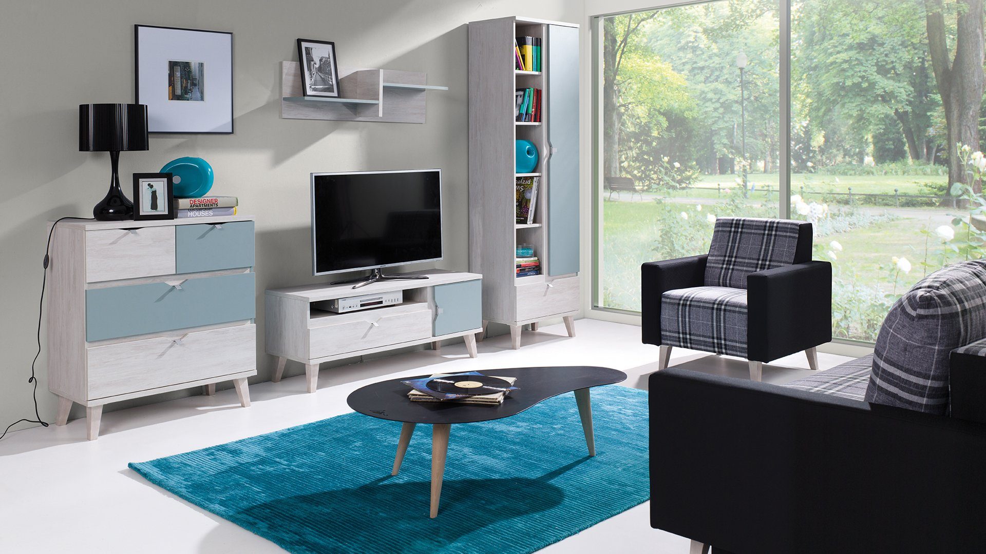 Stylefy Standregal Stylefy Antares mit viel Stauraum, Fächern, Design, Blau Matt - Stanfschrank, Modern stellbar und 5 Schublade I, Regalschrank variabel Bücherregal, Weiß