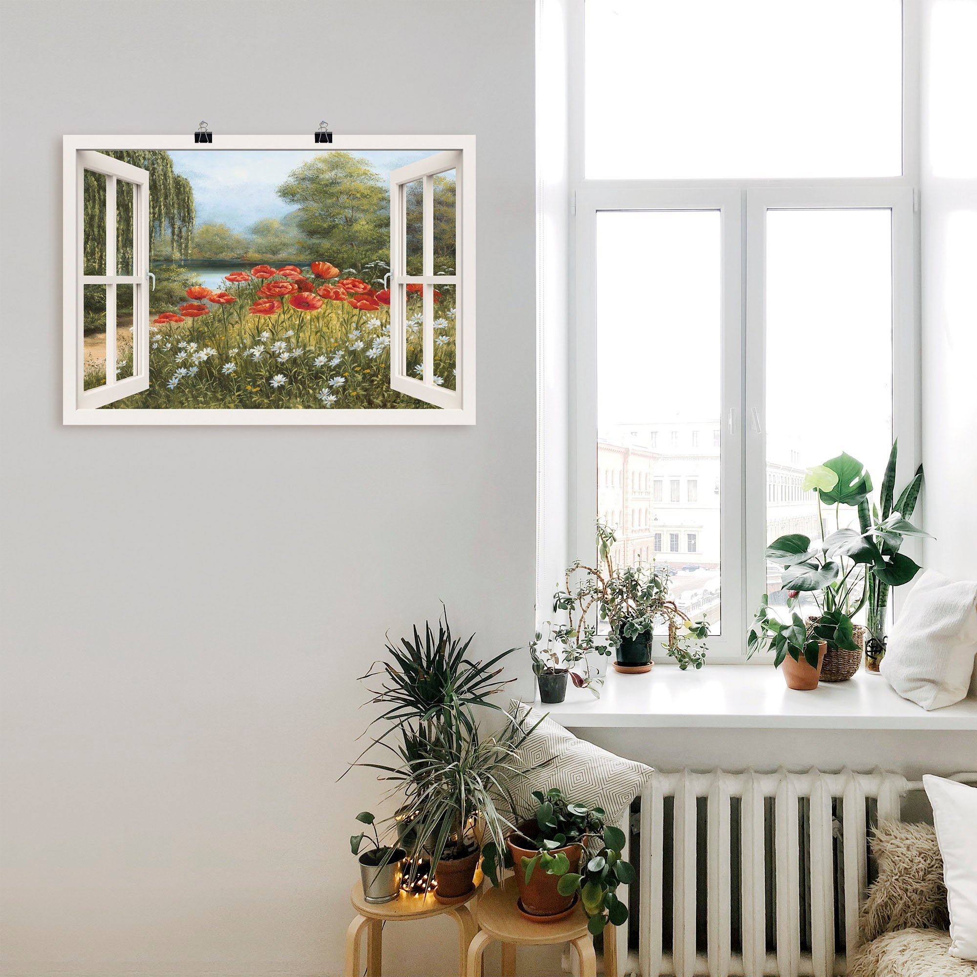 Artland Wandbild Fensterblick Mohnwiese, Fensterblick (1 St), als Leinwandbild, Poster in verschied. Größen