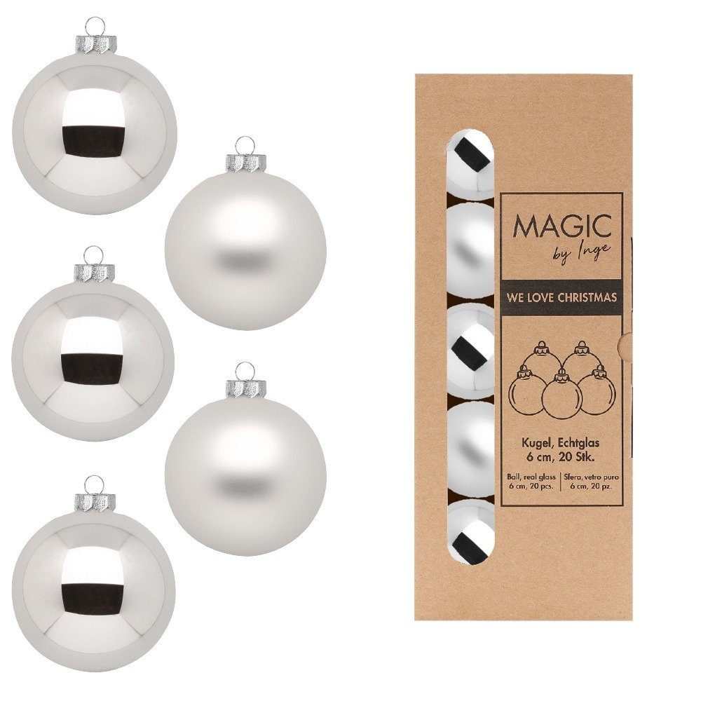 MAGIC by Inge Weihnachtsbaumkugel, Weihnachtskugeln Glas 6cm 20 Stück - Frosty Silver