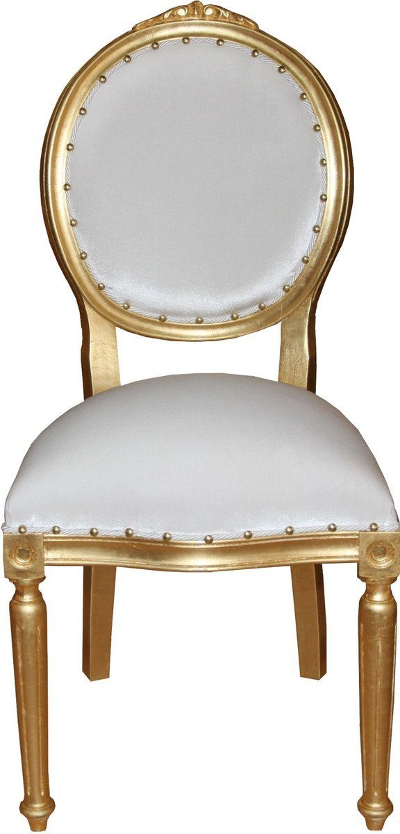 Casa Padrino Esszimmerstuhl Barock Medaillon Luxus Esszimmer Stuhl ohne Armlehnen in Weiss / Gold - Limited Edition | Stühle