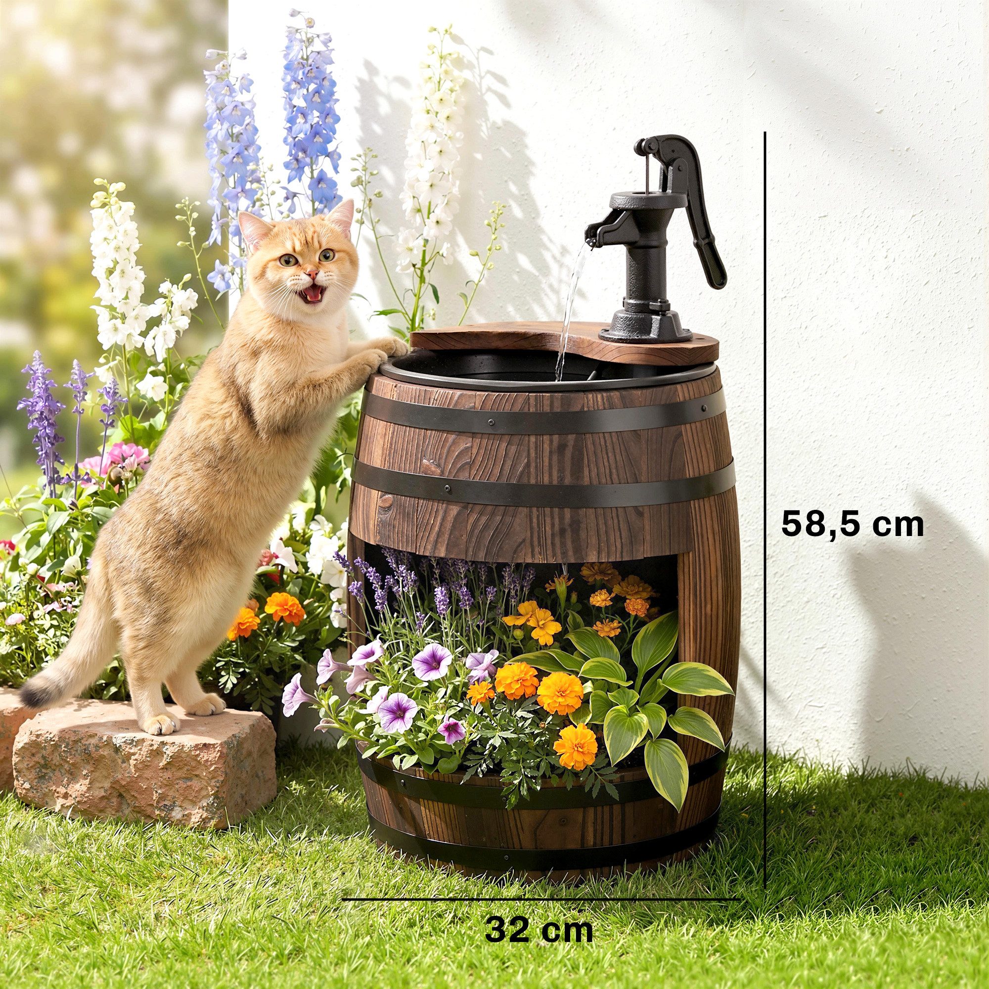 Outsunny Gartenbrunnen Fassbrunnen Wasserfall Holzfass mit Pflanzgefäß, 28 cm Breite, Wasserbecken BxT: 23x23 cm, (Zierbrunnen, 1 tlg., Springbrunnen), Tannenholz + Metall Dunkelbraun Ø27 x 59 cm