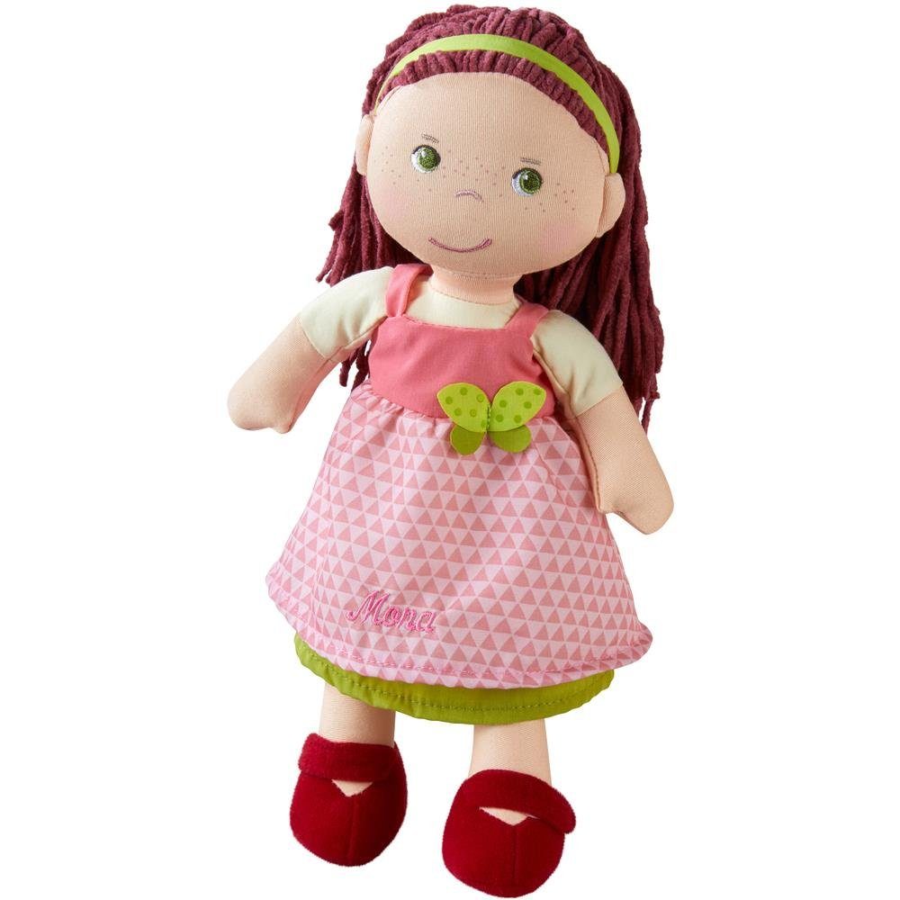 Haba Babypuppe Mona, süße Stoffpuppe mit Kleidung und Haaren, 30 cm,  Spielpuppe für Mädchen Kinder, rosa