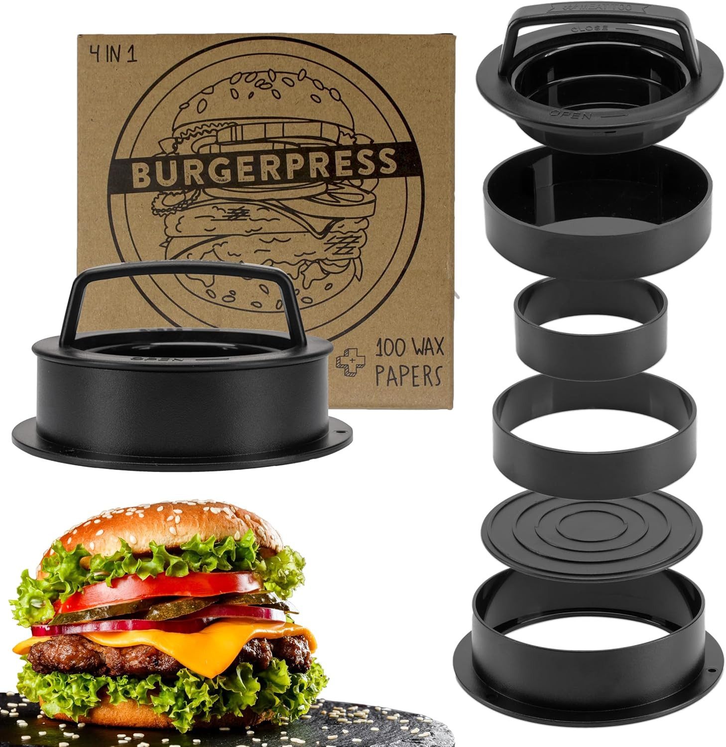 riijk Burgerpresse Hamburgerpresse, Kunststoff, Burgerpresse Set mit Pattie-Trenner und Rezepten