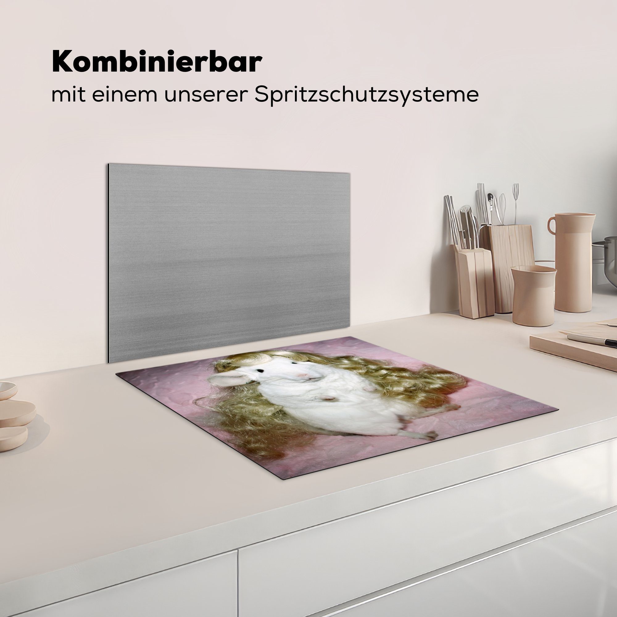 mit Arbeitsfläche tlg), Vinyl, Ceranfeldabdeckung Herdblende-/Abdeckplatte (1 cm, blonder nutzbar, Ein Chinchilla Puppenperücke, MuchoWow Mobile 60x52