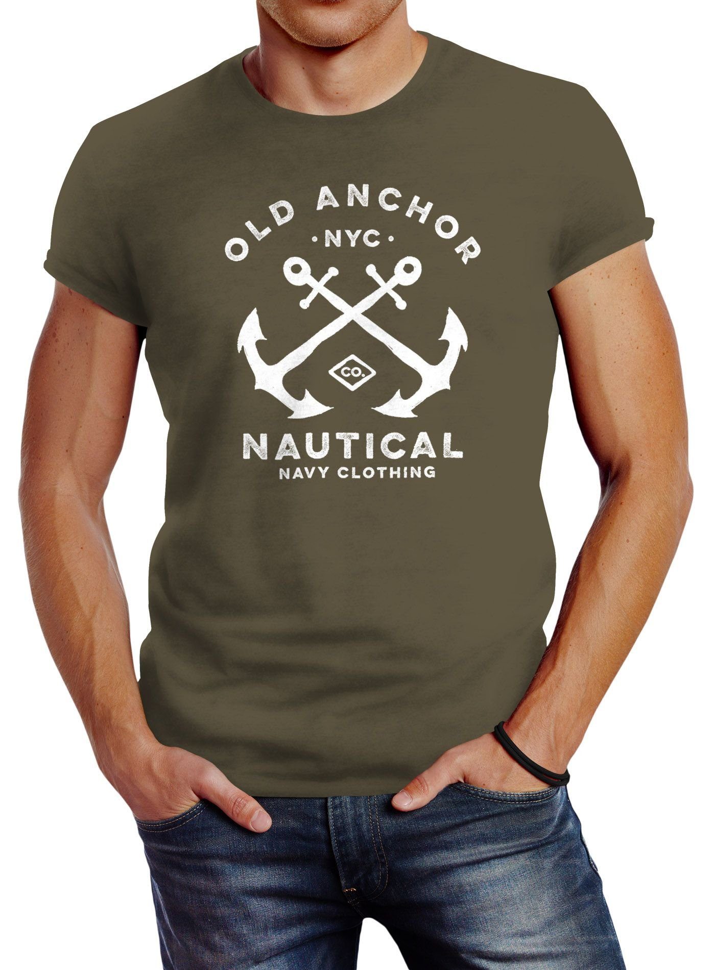 Neverless Print-Shirt Herren T-Shirt gekreuzte Anker Old Anchor Nautical Neverless® mit Print grün