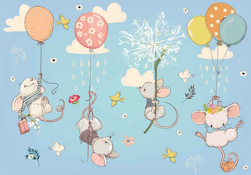 Wallarena Fototapete Kinderzimmer Mädchen Jungen Mäuse Ballone Vlies Tapete für Babyzimmer oder Mädchenzimmer Vliestapete Wandtapete Motivtapete, Glatt, Mäuse, Vliestapete inklusive Kleister