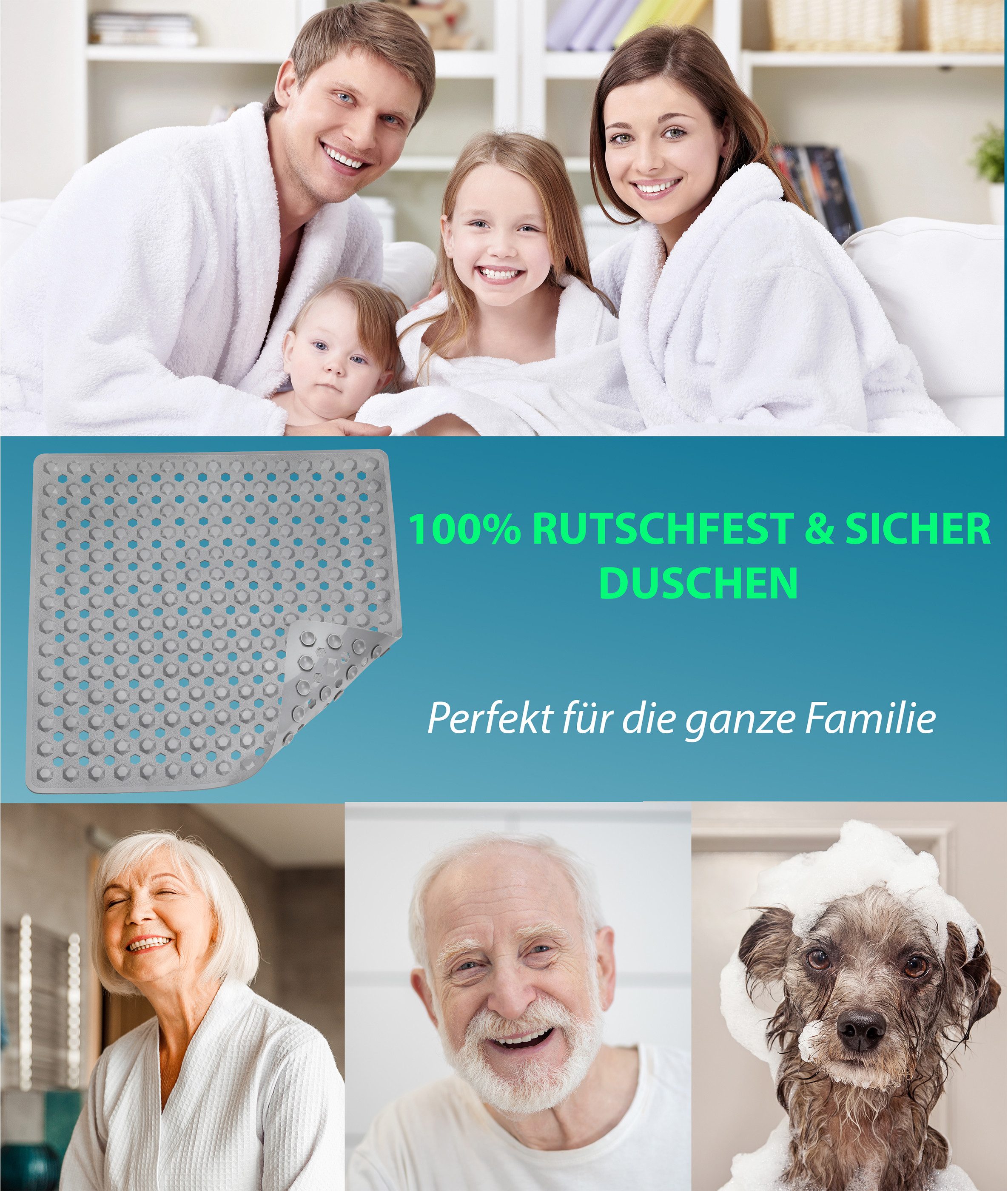 Blumbach Duschmatte - griffige Antirutschmatte Diamant 53 x 53 cm, - 100% BPA-frei, inkl. 2 Haken zum Aufhängen, Duscheinlage, schimmelressisten & maschinenwasc – Bild 5 von 5