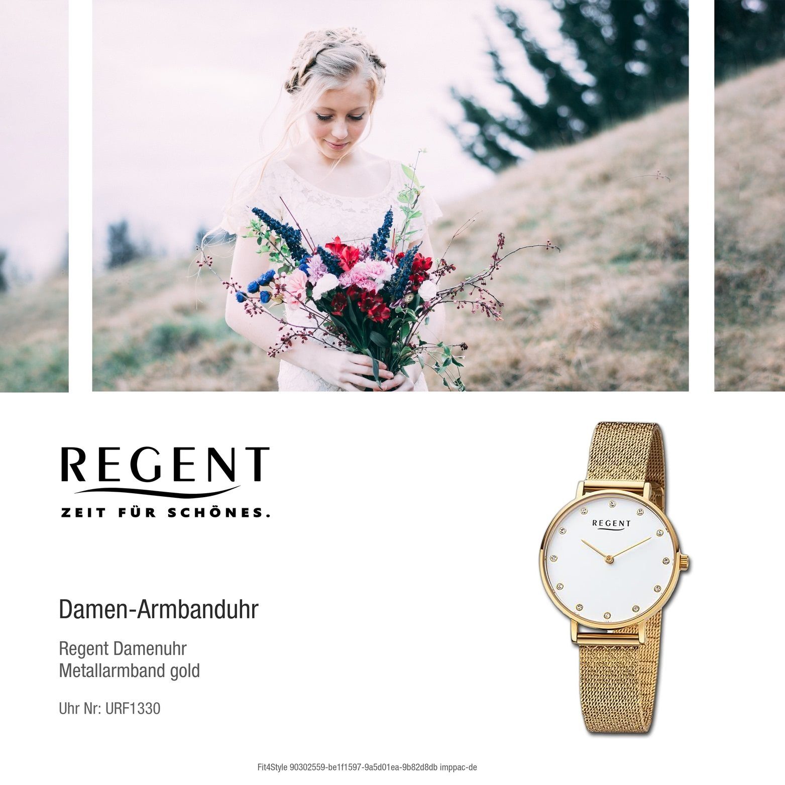 groß extra rundes gold, Quarzuhr Regent Regent Armbanduhr Damenuhr (ca. 32mm) Damen Metallarmband Analog, Gehäuse,