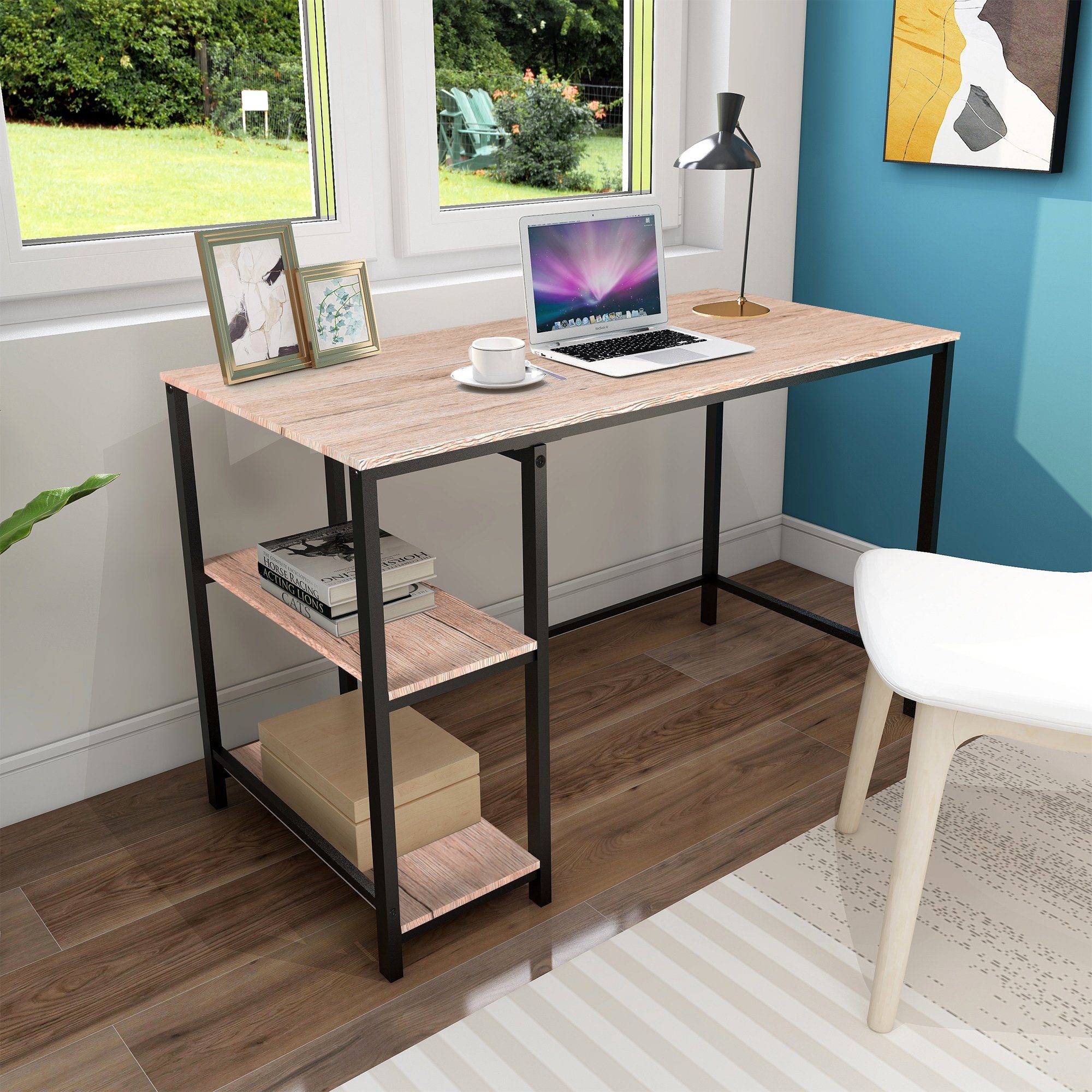 Schreibtisch Schreibtisch Schreiben 120x60x75.2cm) REDOM Computertisch, für Wohnzimmer Laptoptisch DIY Tisch 2 Lagerregalen natur mit Tier Büro, Bücherregal, (mit
