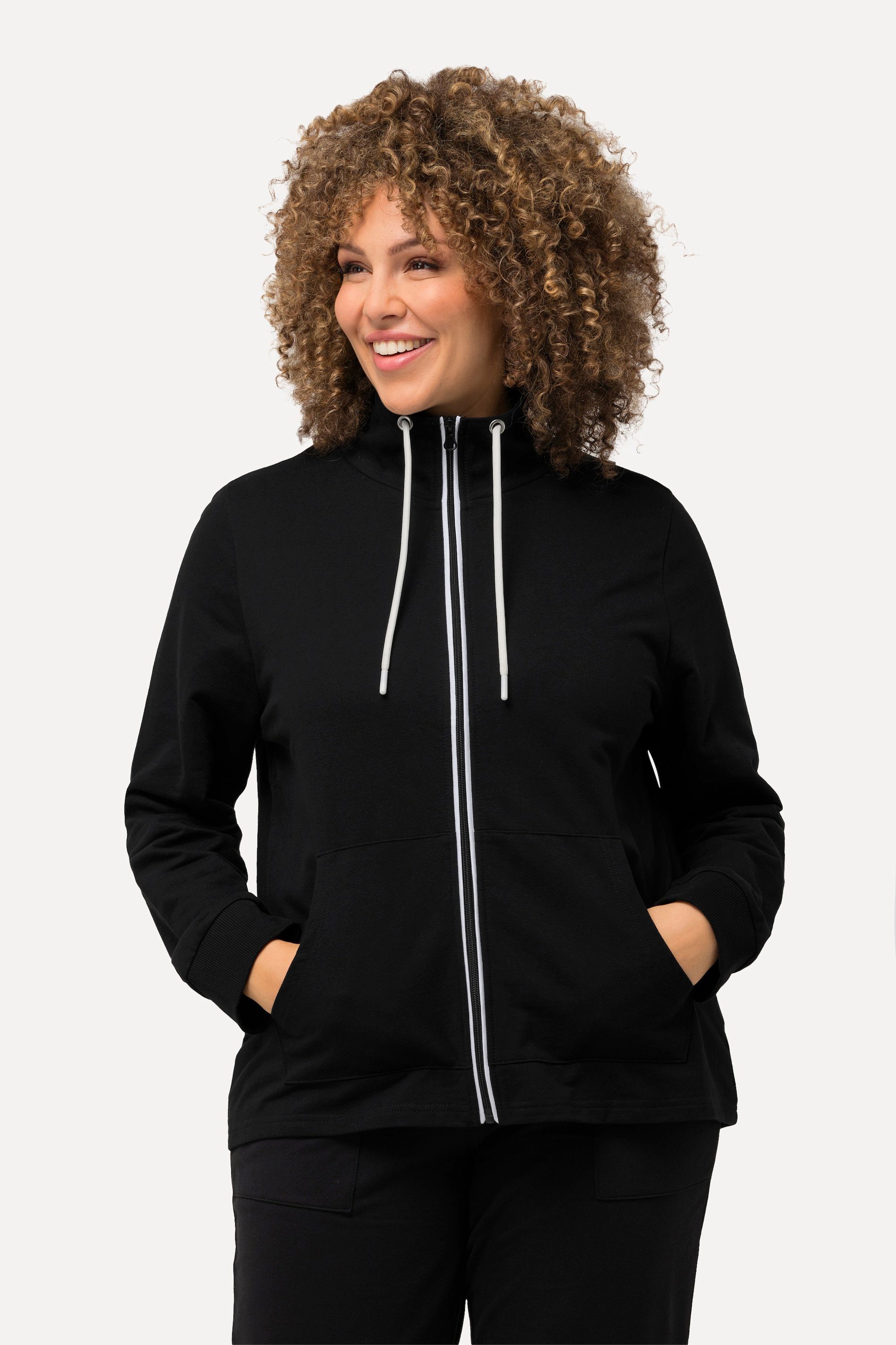 Ulla Popken Sweatjacke Sweatjacke Stehkragen Kängurutasche hinten länger schwarz