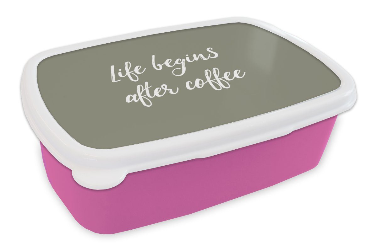 MuchoWow Lunchbox Zitate - Sprichwörter - Das Leben beginnt nach dem Kaffee - Kaffee, Kunststoff, (2-tlg), Brotbox für Erwachsene, Brotdose Kinder, Snackbox, Mädchen, Kunststoff rosa