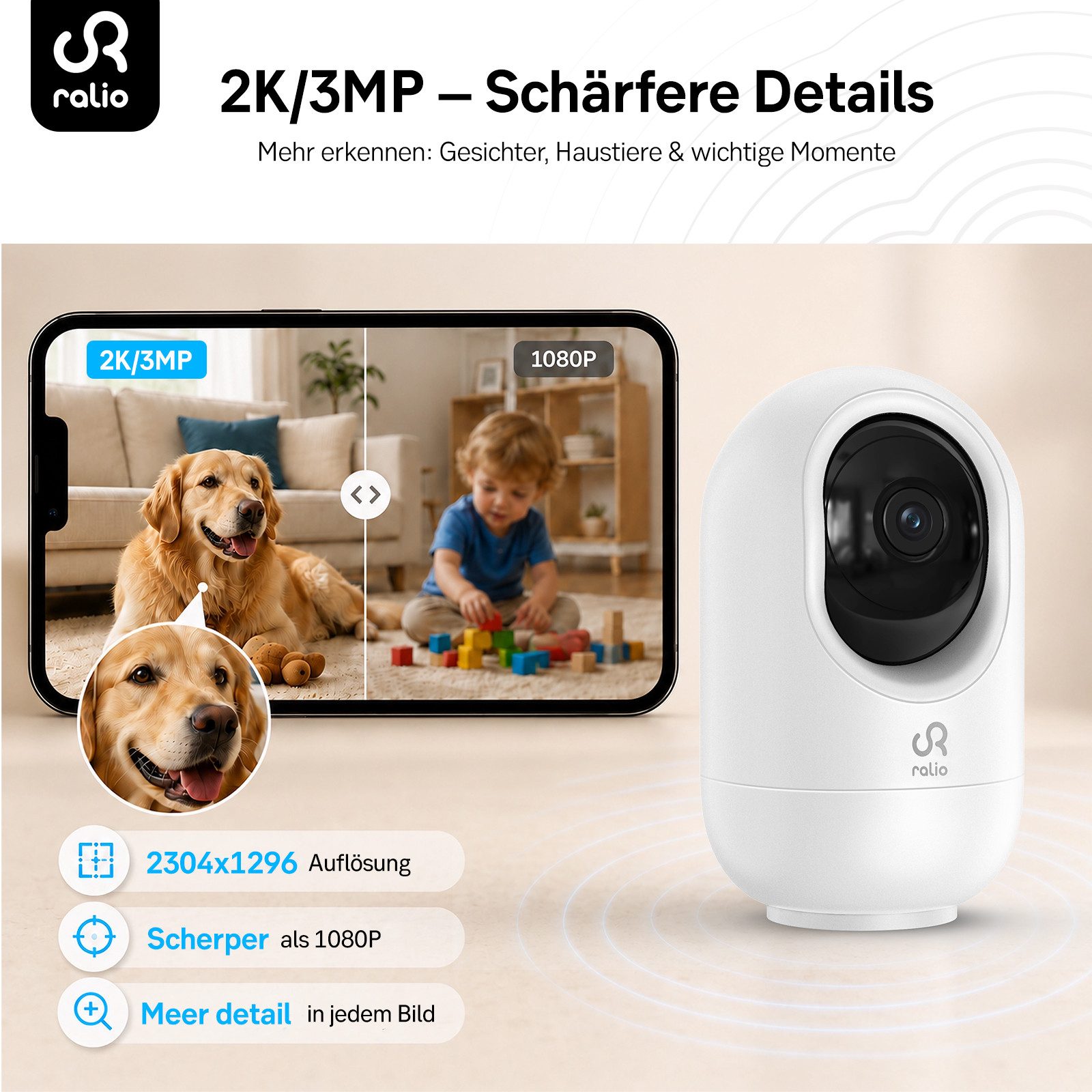 Ralio Überwachungskamera WLAN 2K/3MP Smart Home Sicherheitskamera mit Nachtsicht (8–10m) (Innenbereich, Bewegungserkennung, Zwei-Wege-Audio, Cloud & 256GB Speicher, 355° Schwenkbar, stabile 2.4/5GHz Verbindung, IP Kamera für Haus, Wohnung & Familie)