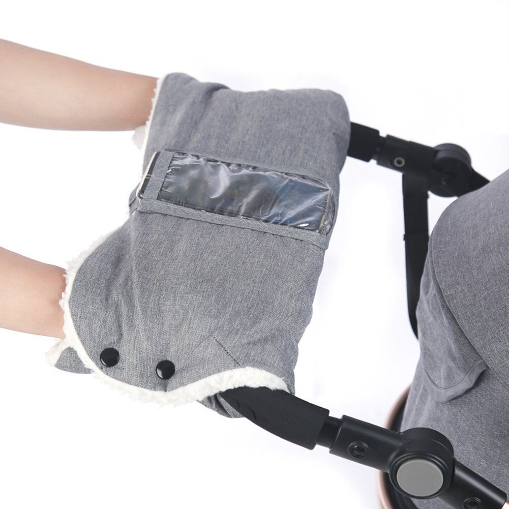 SCRTD Kinderwagen-Handwärmer Kinderwagen Handwärmer, Handsack für Kinderwagen Plüschfutter, Kinderwagen Handwärmer mit Transparenter Handyhülle Grau | Kinderwagen-Handwärmer