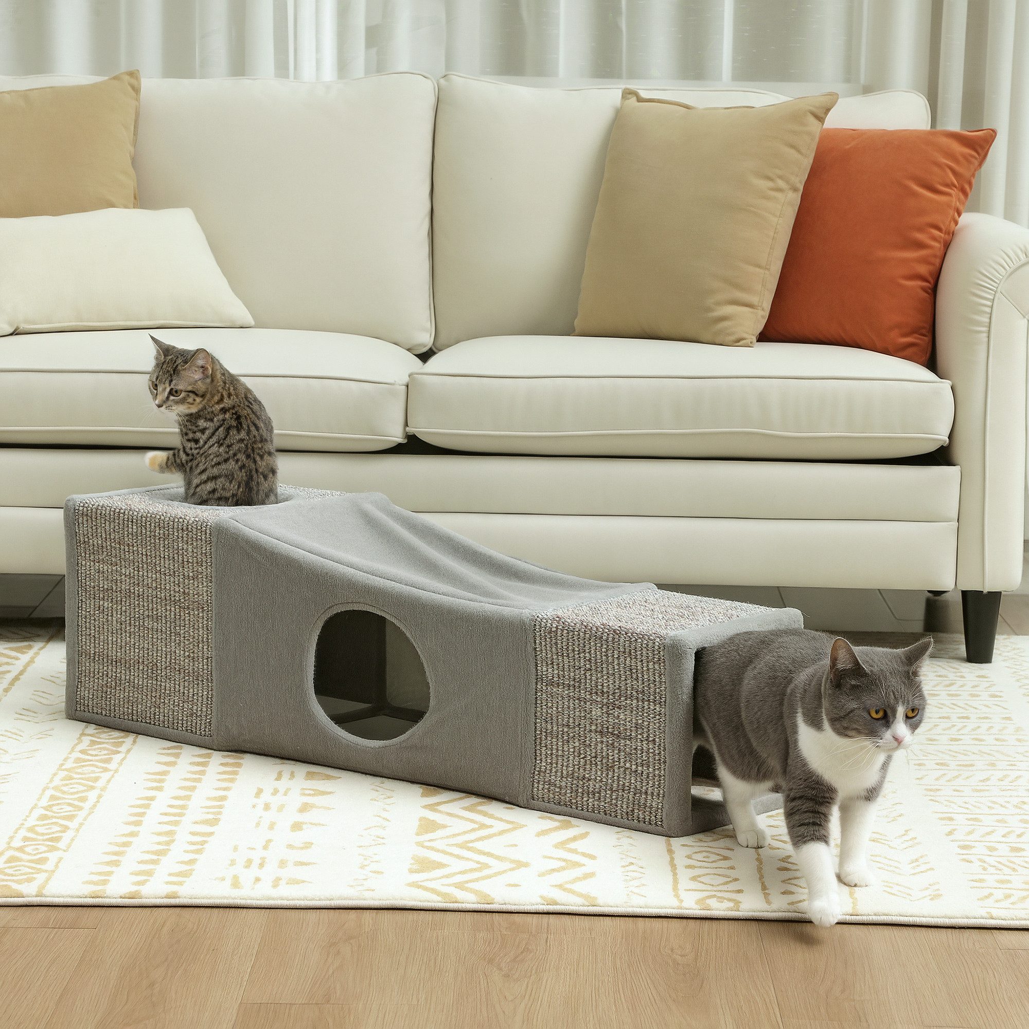 PawHut Tiertunnel Katzentunnel Faltbar Katzenspielzeug mit Ball Braun+Grau, Spanplatte, Sisal, Kombiniertes Design, 98 x 30 x 30 cm
