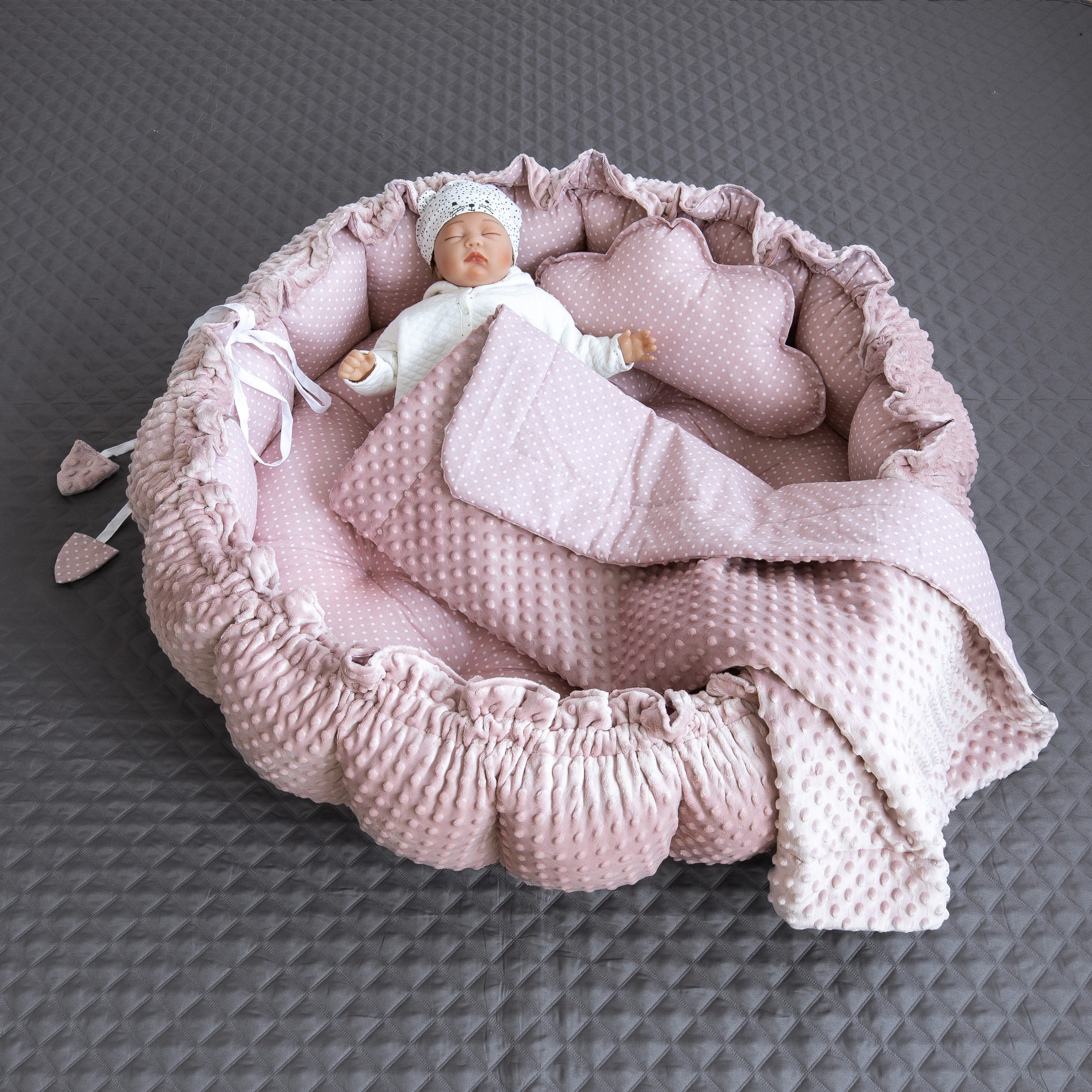 Loolay Bettnestchen PUNKTE Rosa/ MINKY ENGELSNEST Nestchen Babynest Unterlage, (PREMIUM Babyausstattung XXL Babykokon als Nestchen Ø90cm, als Krabbeldecke Ø155c – Bild 4 von 5
