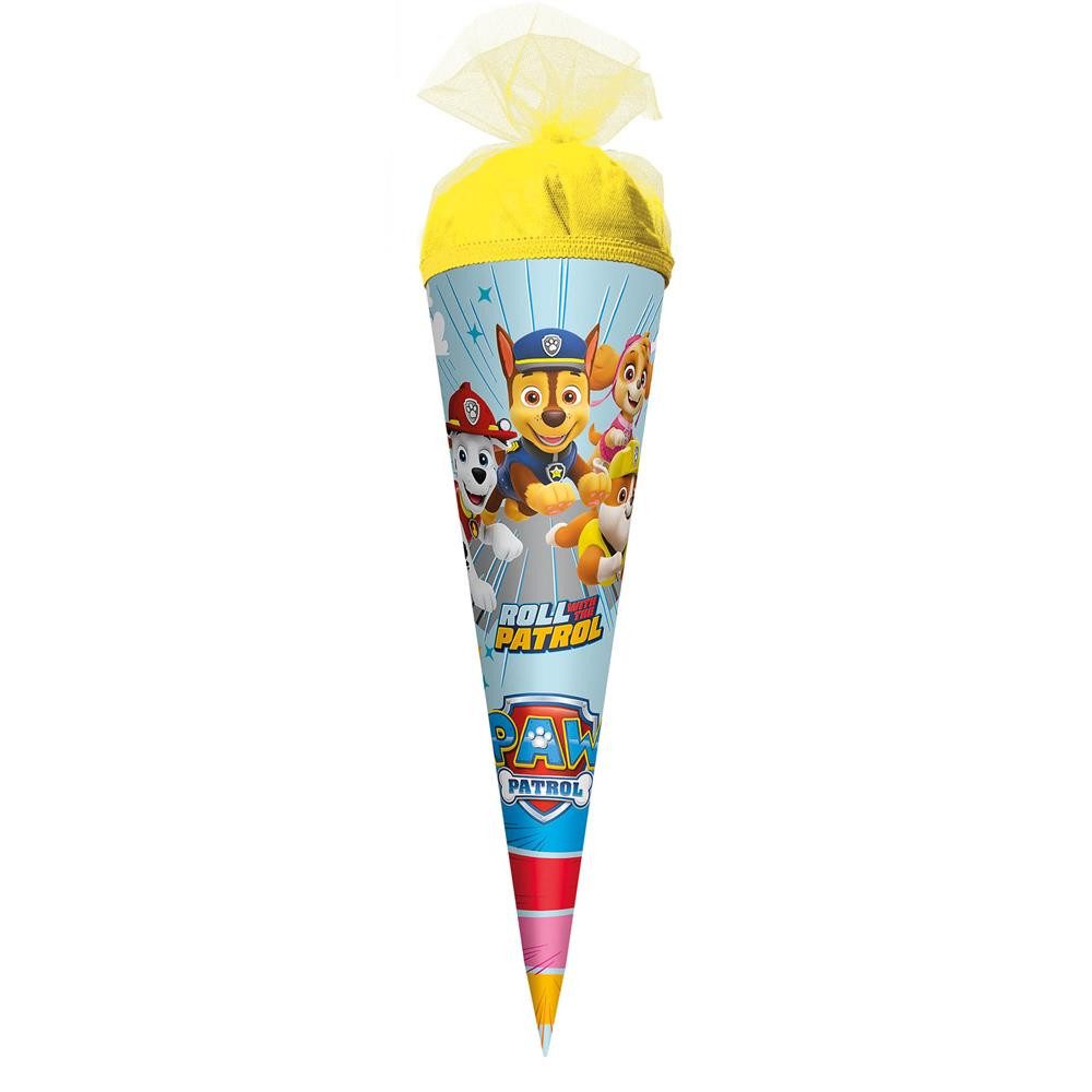 Roth Schultüte Paw Patrol, 50cm, rund, mit gelbem Tüllverschluss, große Zuckertüte