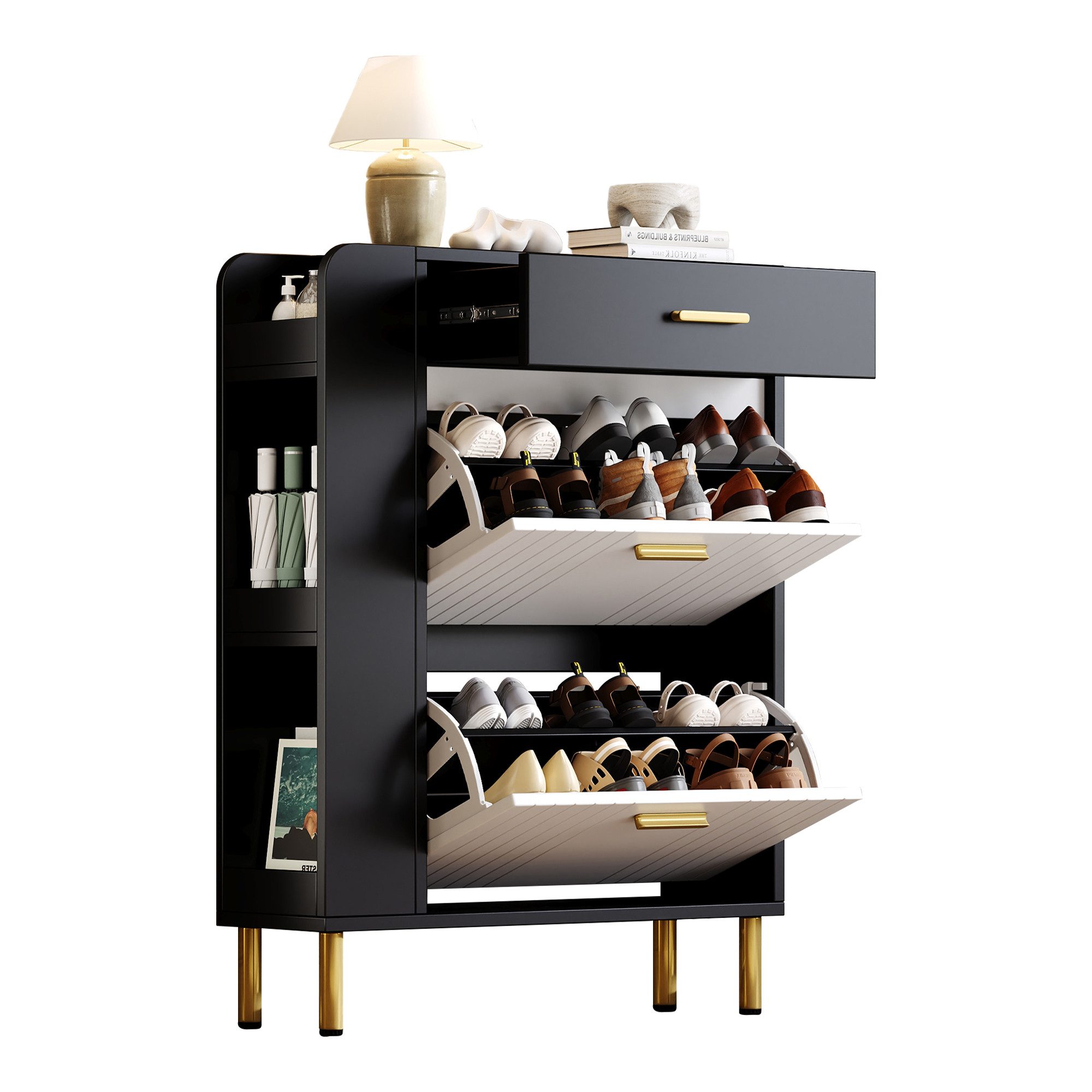 Yorbay Schuhschrank Freistehender Schuhschrank mit 1 Schublade & 3 offenen Fächern (80x24x105cm) moderner, schmaler Schuhkasten in Weiß-Schwarz