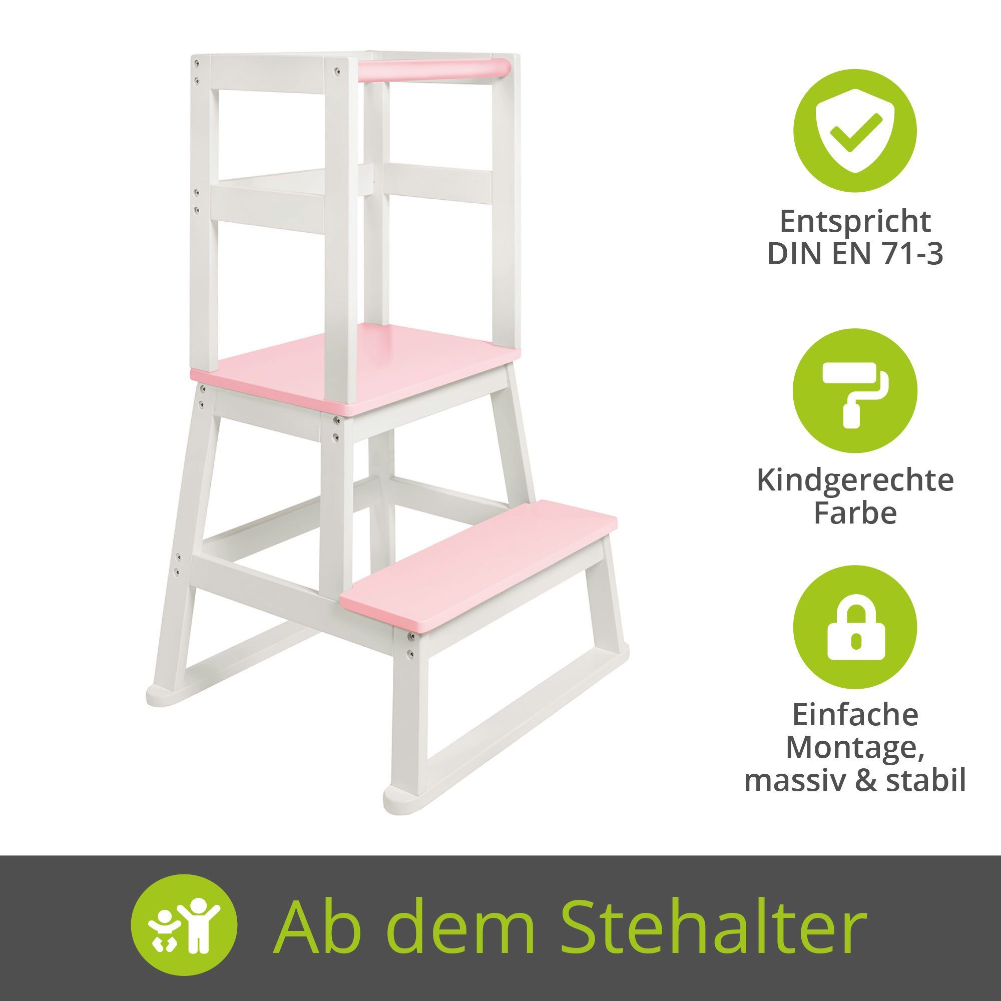 BOMI Stehhilfe Lernturm Holz Kinderhocker St), (1 Schemel rosa-weiß aus Montessori Swubi Kinder