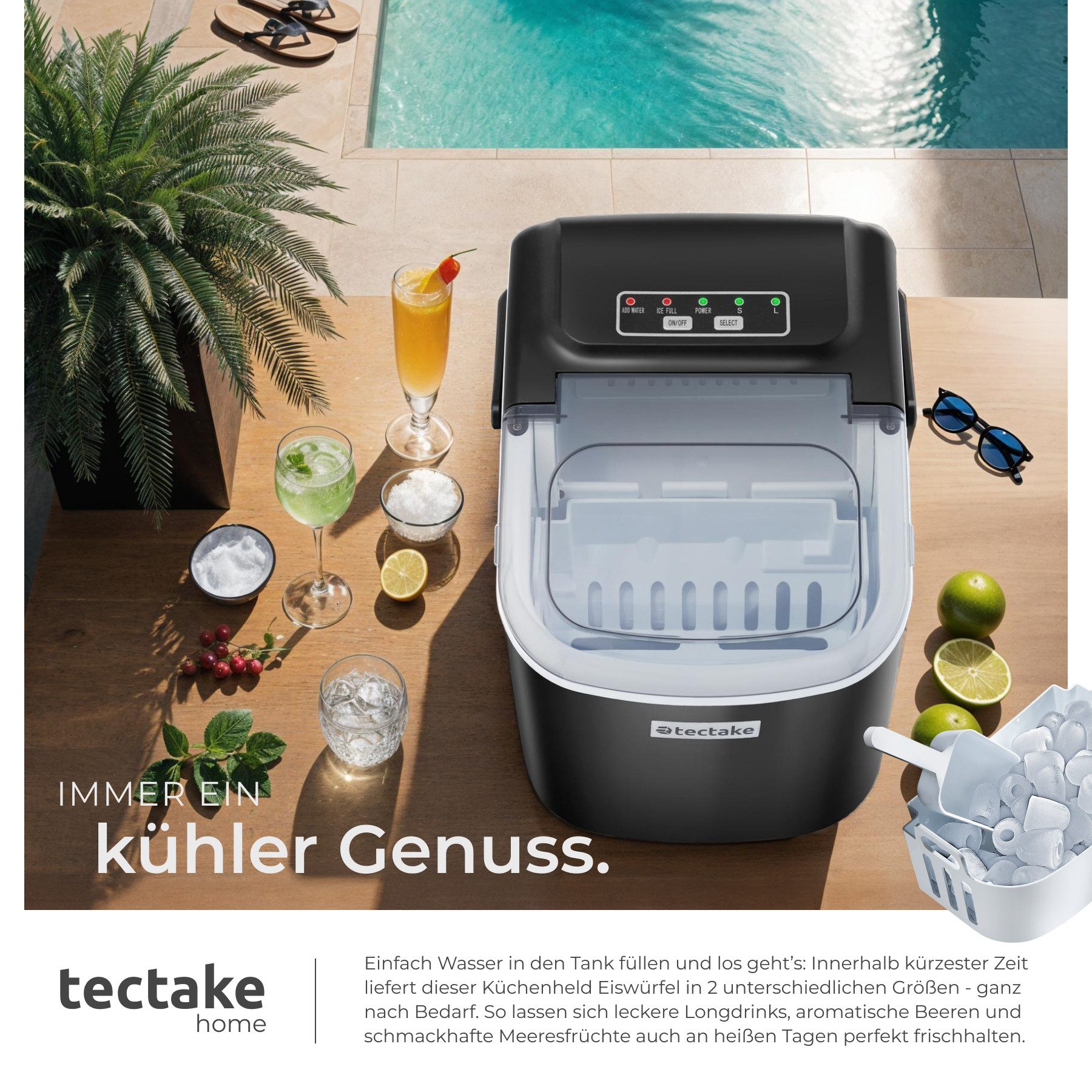 tectake Elektrischer Eiswürfelbereiter Eiswürfelmaschine, 1,2 l Wassertank, 2 Eiswürfelgrößen