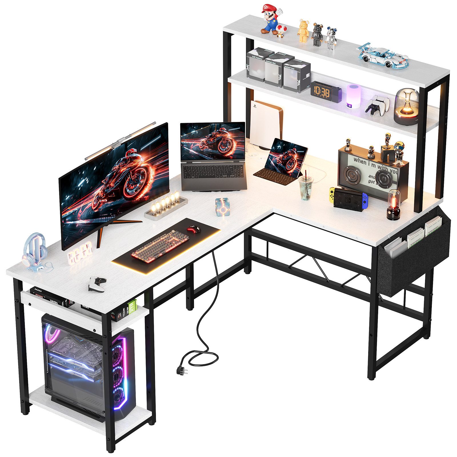Furnicopia Eckschreibtisch 140 * 120cm Schreibtisch mit LED und USB L-förmiger Computertisch (Mit großem Ablagefach, USB-Ladeanschluss und Steckdose)