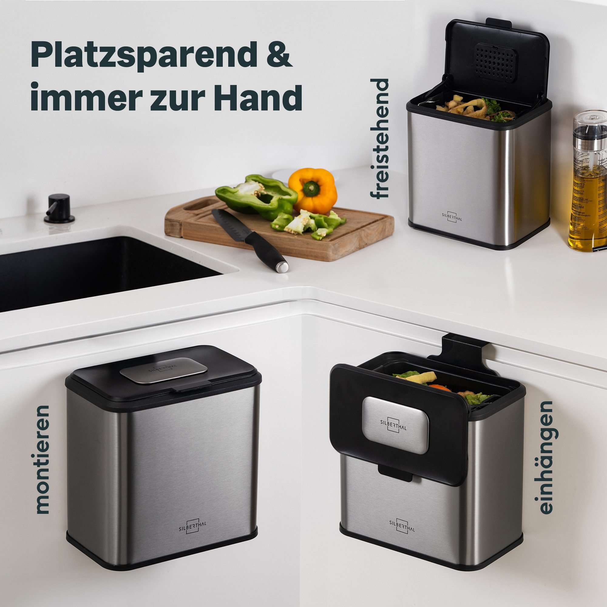 SILBERTHAL Biomülleimer klein Edelstahl 4 Liter für die Küche, zum Einhängen, Stellen oder Ankleben – Bild 5 von 5