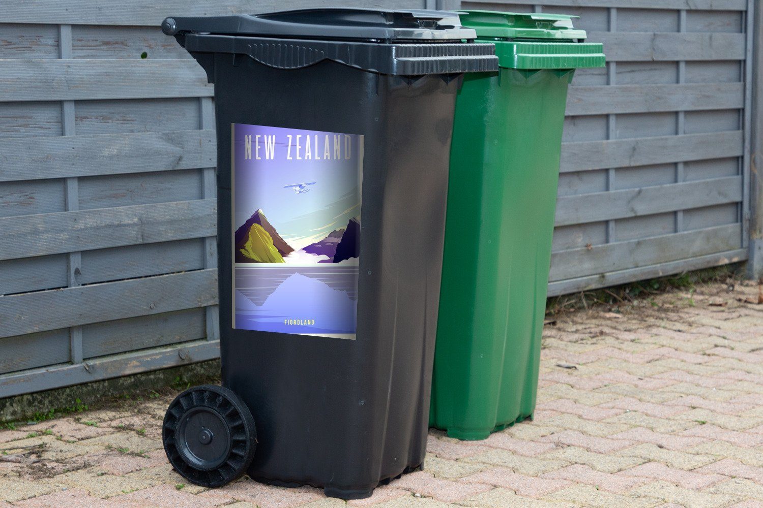 Fiordlandgebiets in des Mülleimer-aufkleber, MuchoWow Illustration Wandsticker Neuseeland Container, Abfalbehälter (1 St), Mülltonne, Sticker,