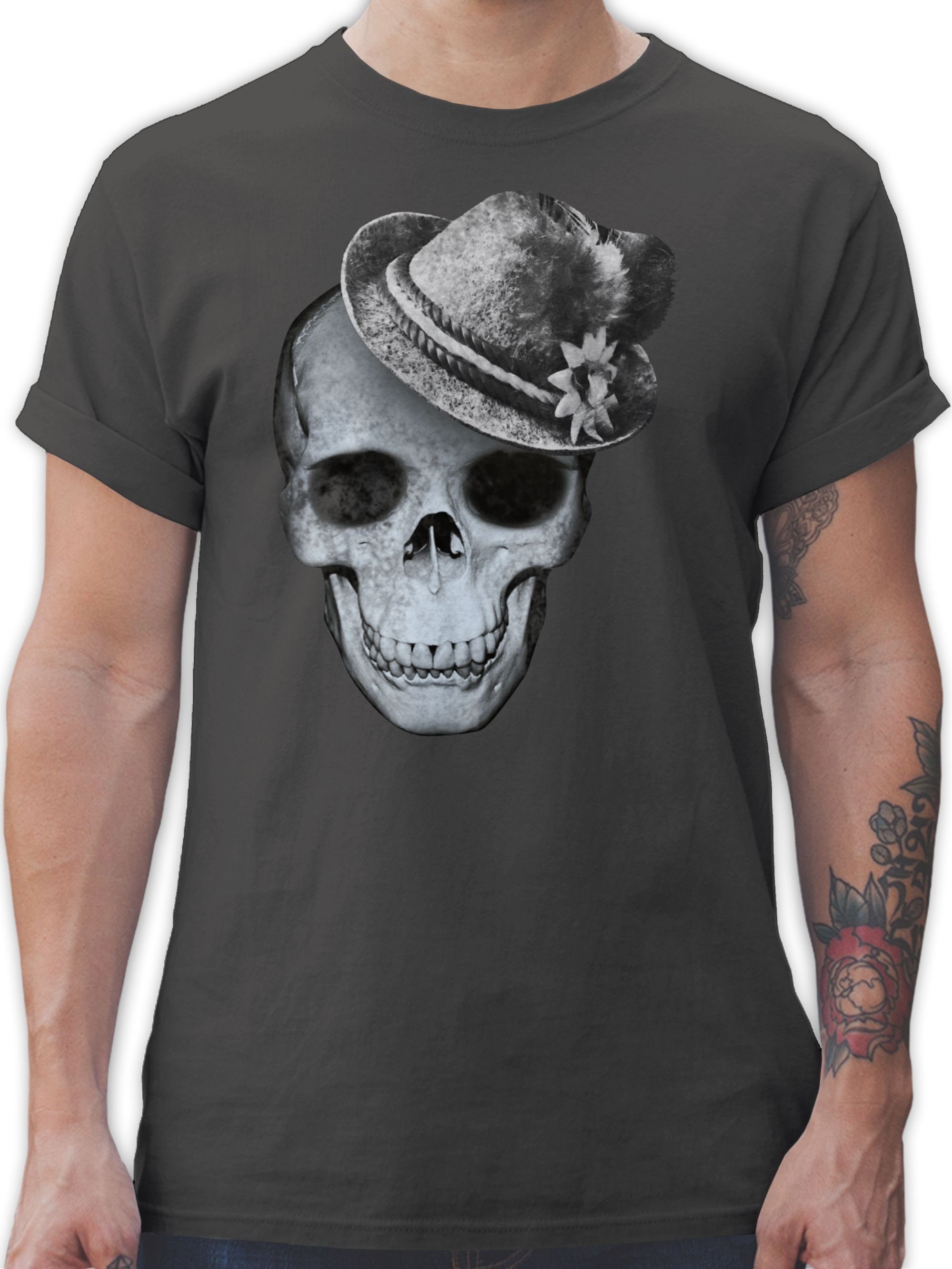 Shirtracer T-Shirt Totenkopf mit Filzhut Mode für Oktoberfest Herren 03 Dunkelgrau