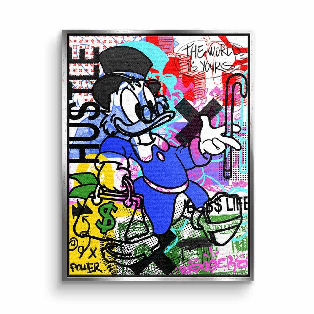 Pop Leinwandbild Dagobert silberner DOTCOMCANVAS® Art Rahmen Comic Geld hustle Graffiti Duck Leinwandbild,