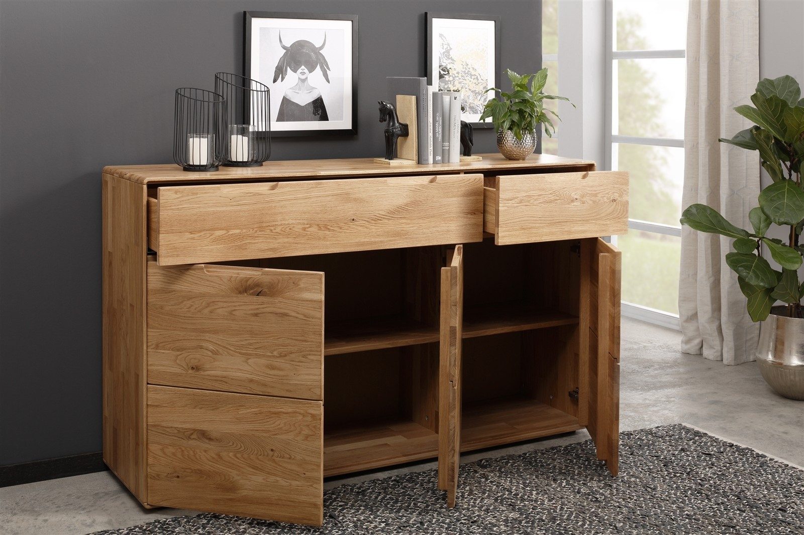 Lebenswert Sideboard KM-0663, 3 Türen, 2 Schübe, Kernbuche massiv geölt - 149x91x40cm (BxHxT)