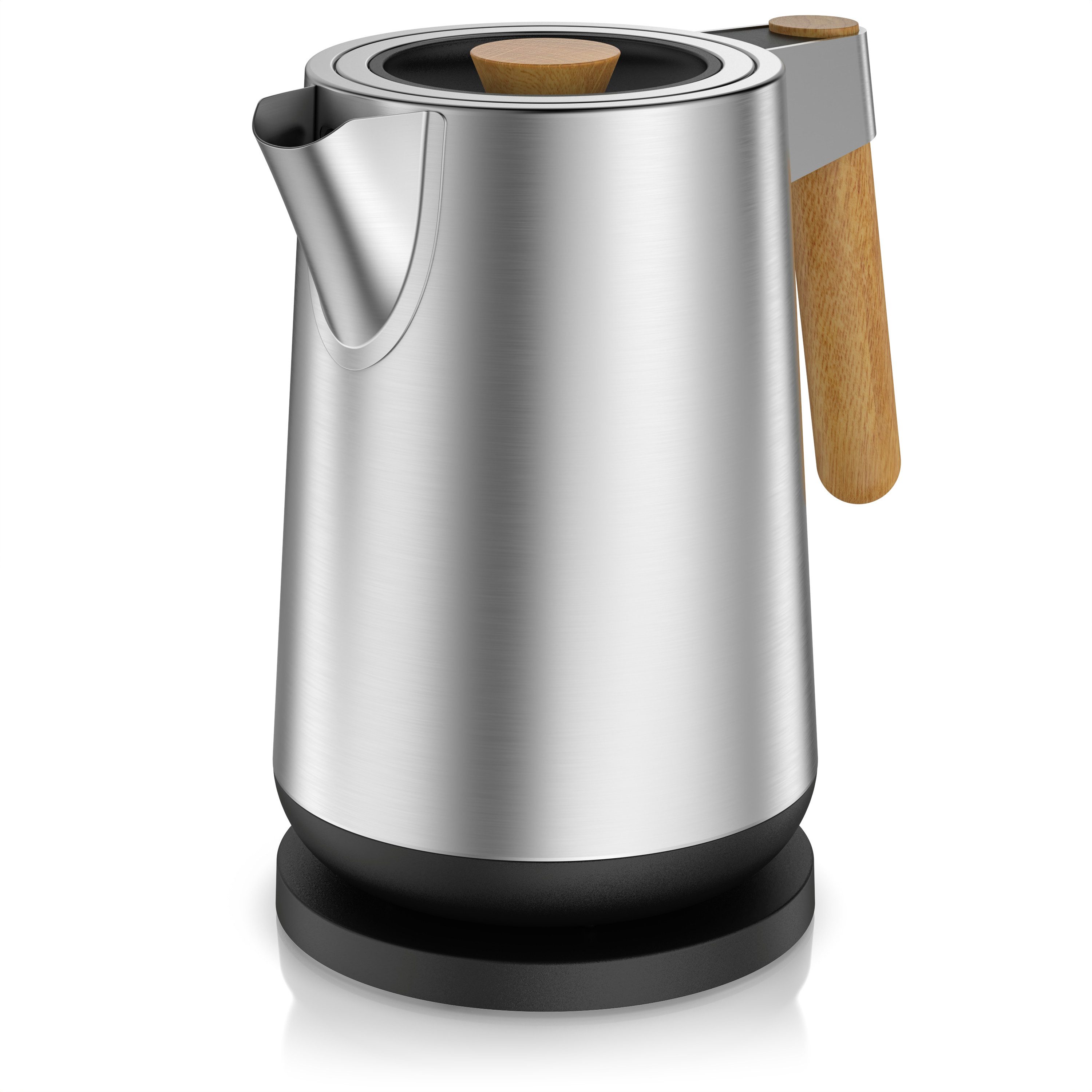 Arendo Wasserkocher STEEL WOOD aus Edelstahl mit Holzgriff und 360° Bodenplatte, 1,7 l, 3000 W, Kalkfilter, Trockenkochschutz, Wasserstandsanzeige, abnehmbarer Deckel