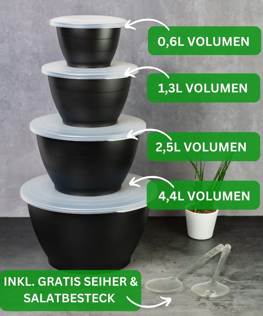 Thiru Salatschüssel 6 Teilig 0,6L/1,3L/2,5L/4,4L - mit Deckel, Seiher, Salatbesteck, (6-tlg), Spülmaschinenfest