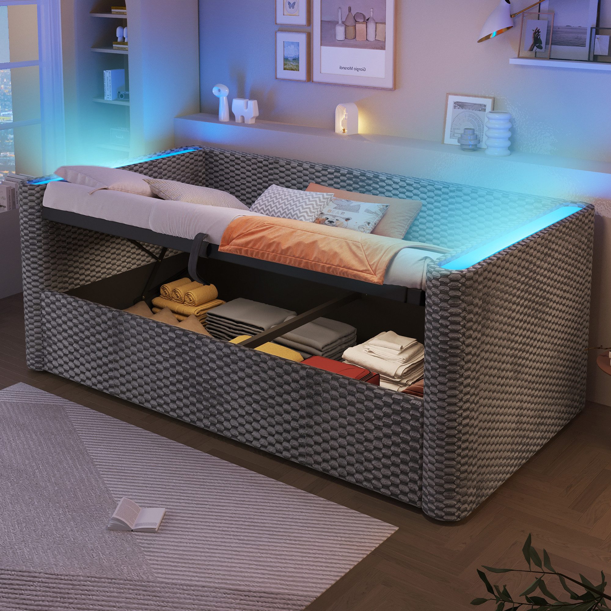 Odikalo Schlafsofa Schlafcouch Tagesbett 90x200 mit Lattenrost, Daybett, Schlafsofa, 90 × 200 cm, 180 × 200 cm, multifunktionales Ausziehbett-Design mit LED-Lichtleiste, Lattenrost (ohne Matratze), Samt, Grau / Beige