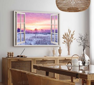Sinus Art Leinwandbild Wandbild 120x80cm Fensterbild Abendrot Winterlandschaft Winter Schnee, (1 St)