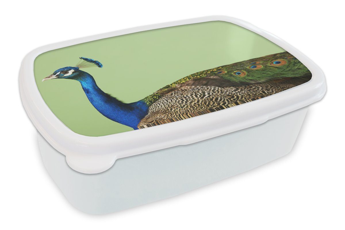 MuchoWow Lunchbox Pfau - Tiere - Grün, Kunststoff, (2-tlg), Brotbox für Kinder und Erwachsene, Brotdose, für Jungs und Mädchen weiß