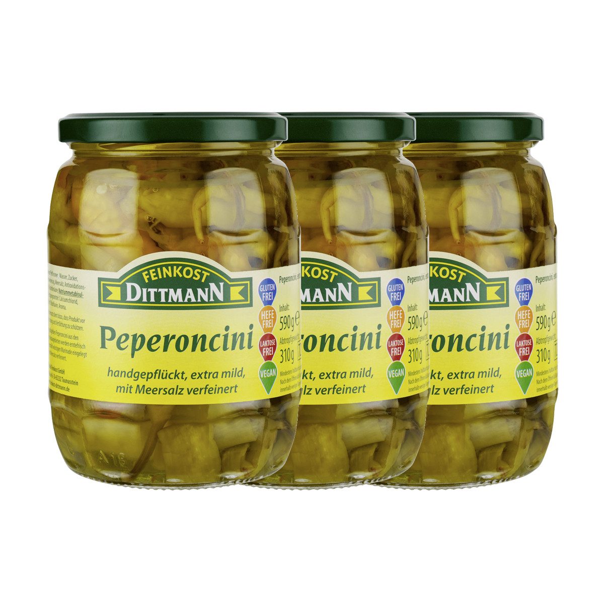 Feinkost Dittmann Gemüsekonserve, Dittmann Peperoncini extra mild Abtropfgewicht 310g Glas 590g 3er Pack