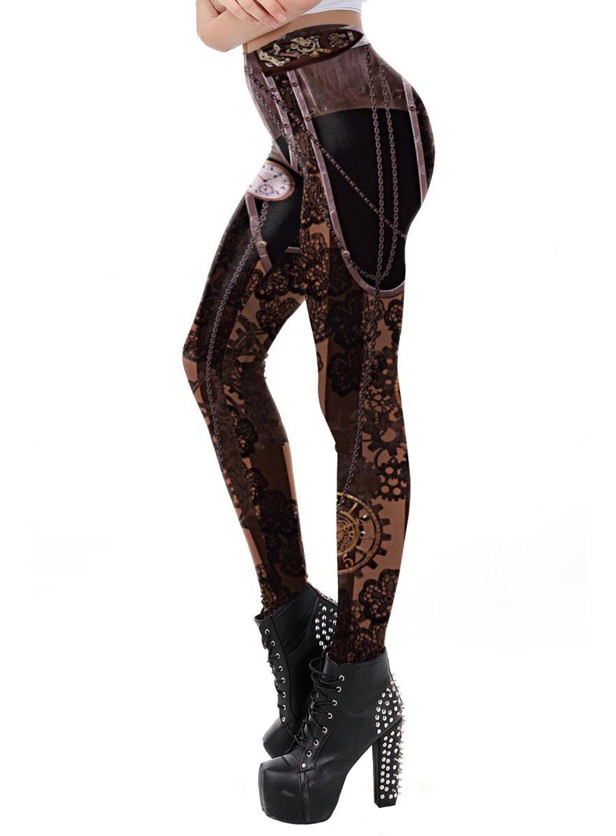 Metamorph Kostüm Steampunk Print Leggings - für Karneval Fasching, Elastische Leggings mit Steampunk-Artwork