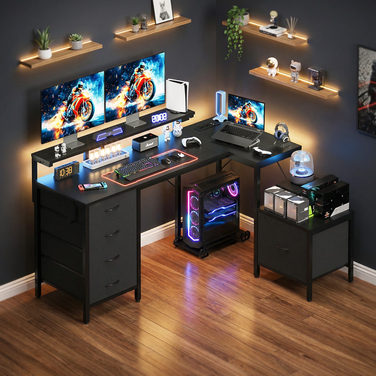 HOMALL Schreibtisch Gaming-Schreibtisch mit Stauraum, USB-Anschlüssen und LED-Beleuchtung (Monitorarm höhenverstellbar von 12 bis 27 cm, mit 5 mit Stoff ausgekleideten Schubladen, Montageoption links/rechts, Platz für Drucker)